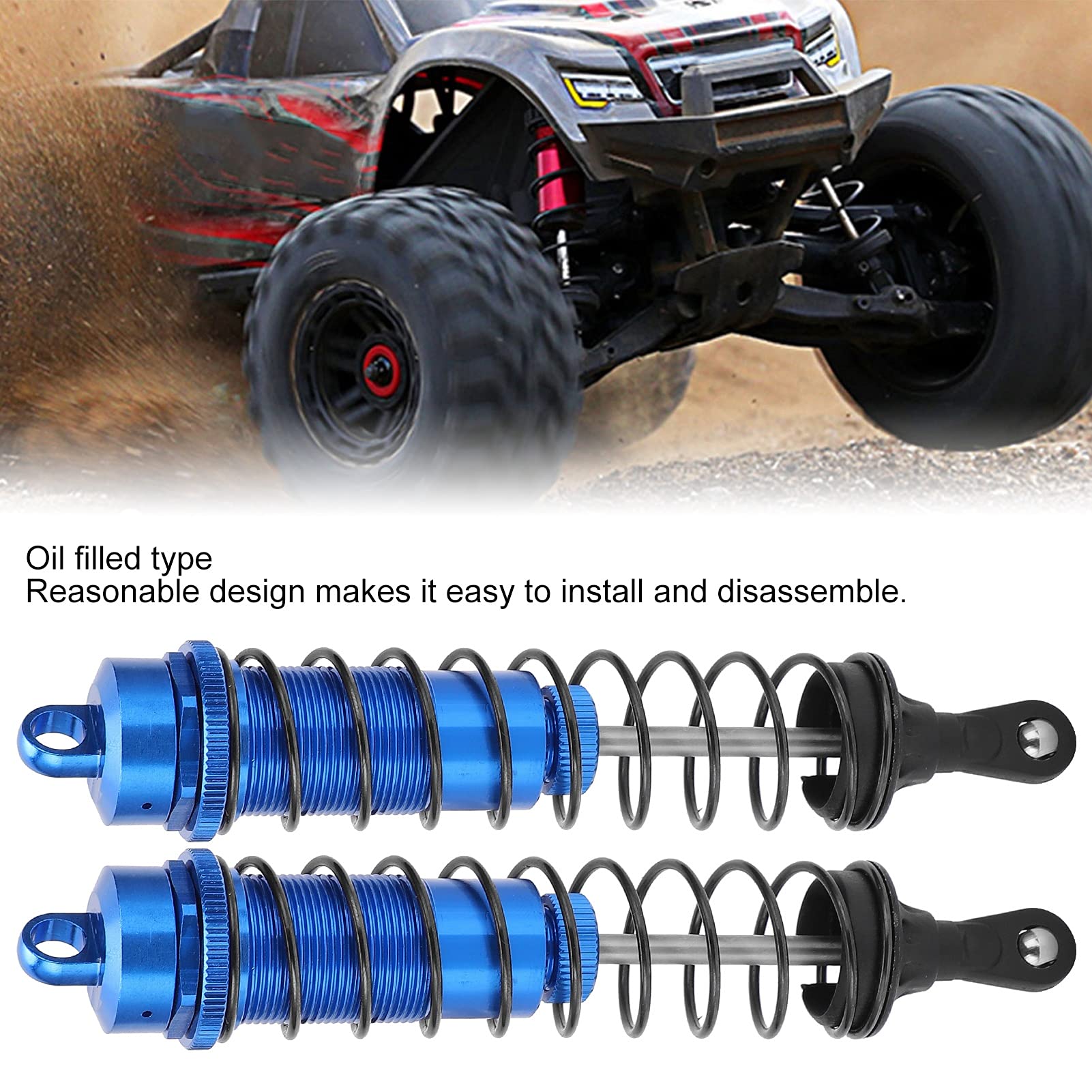 Adjustable Oil-Filled 1/8 RC Shock Absorber 140mm (2PCS) - Compatible with TRAXXAS Slash 2WD RC Car - Blue - Perfect for Off-Road Racing & RC Car Upgrades