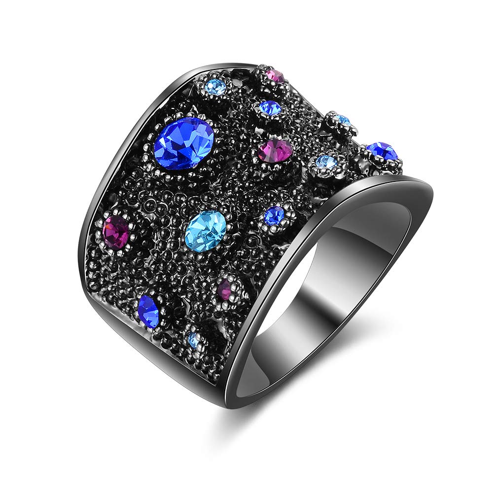 Wide Statement Ring for Women - Black Chunky Band with Multicolor Crystals | Elegant Fashion Jewelry for Parties, Weddings & Evening Events