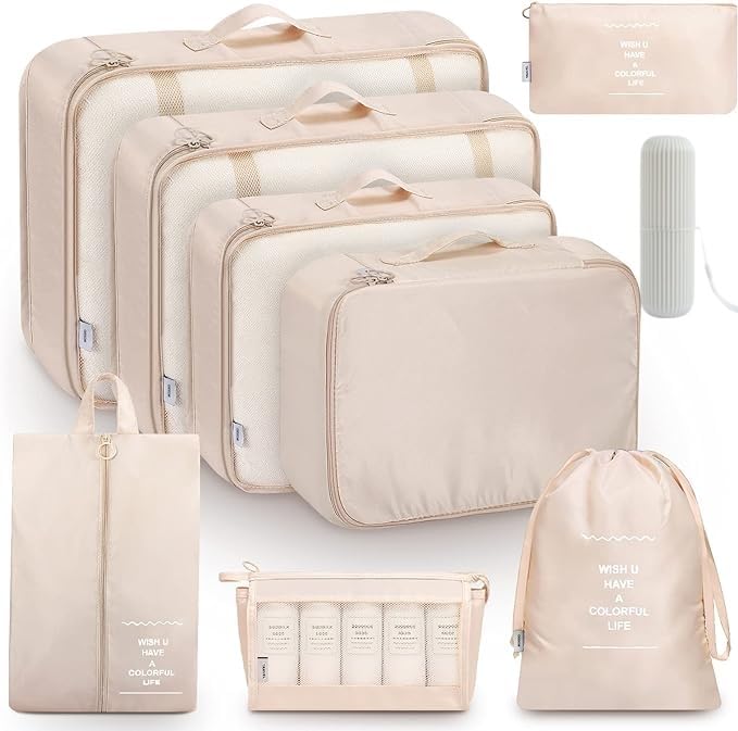 9-Piece Packing Cubes Set for Suitcases - Aydicon Travel Luggage Organizer with Laundry Bag, Toiletry Bag, Shoe Storage & Compression Bags - Perfect for Business Trips, Vacations & Weekend Getaways (Cream)