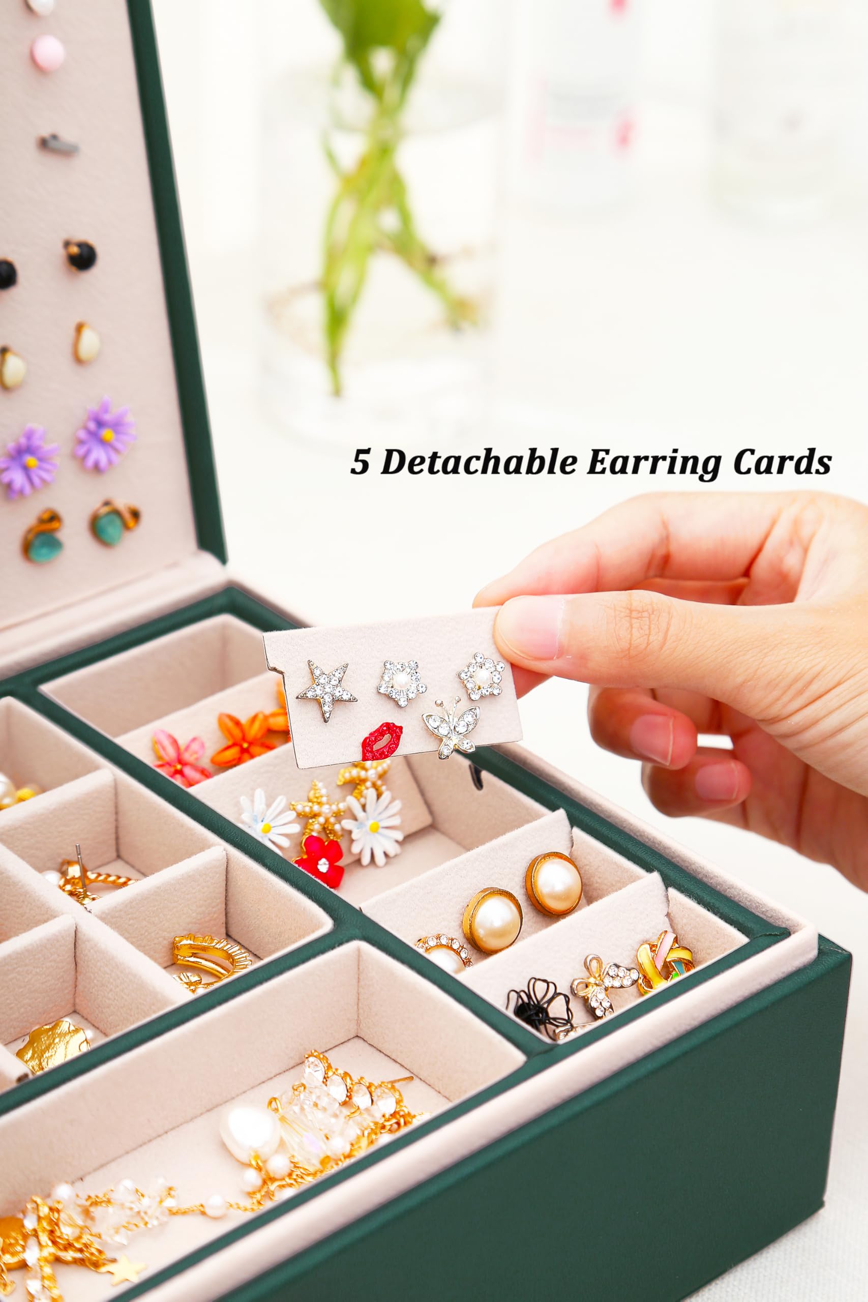 Women's Jewelry Organizer Box - Green Earring Holder & Storage Case for Studs, Hoops, Dangles - Perfect for Travel, Home, and Gift Giving