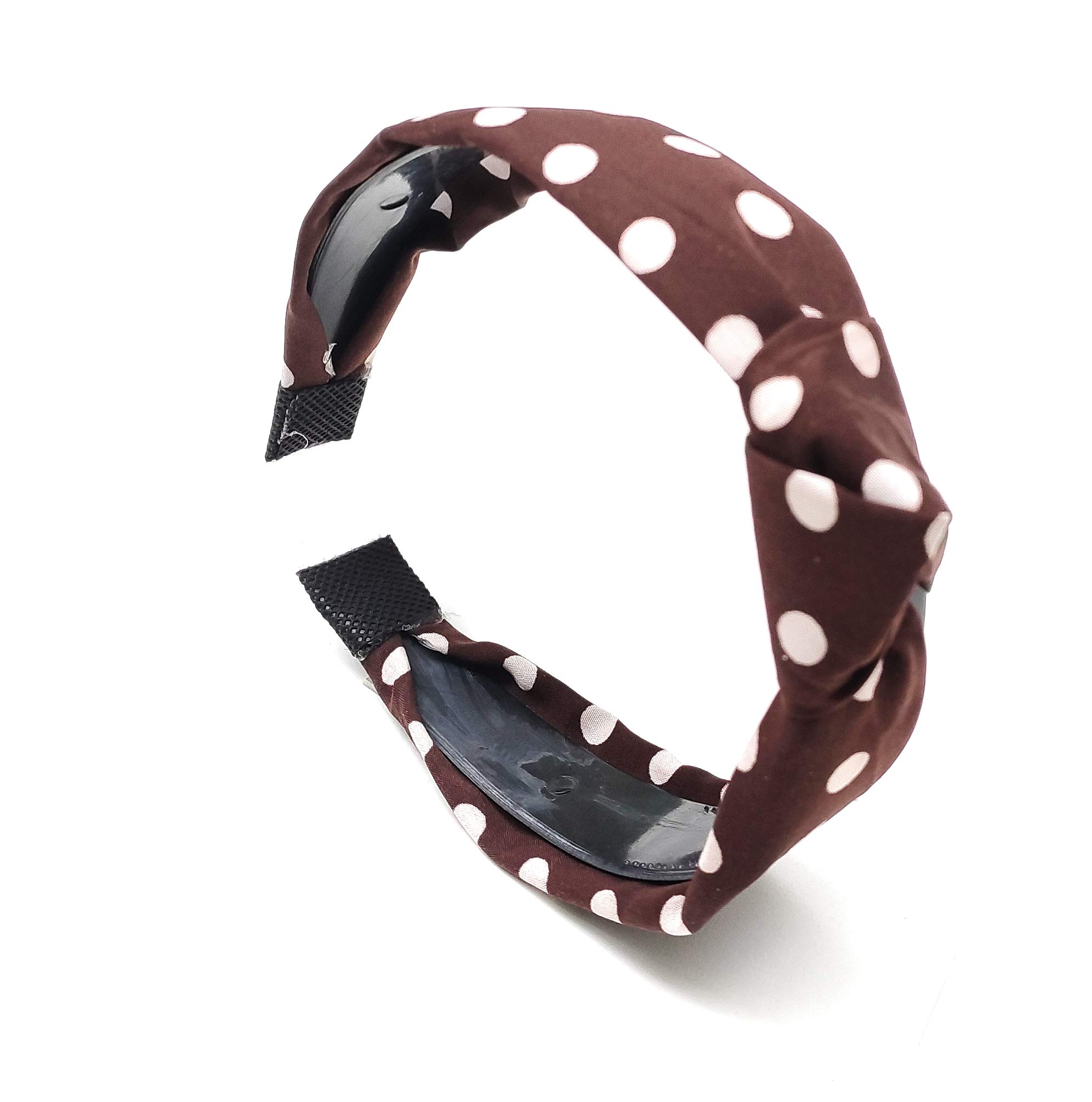 MOOLYAVAAN Stylish Cross Knot Hairbands with Cloth Wrapped Headband - Soft Hair Accessories for Women & Kids - Perfect for Washing Face, Spa, Shower (Brown with White Dots, Pack of 1) | Great for Daily Use, Yoga, and Beauty Routines