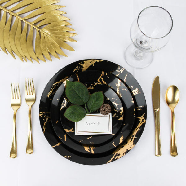 32-Piece Black and Gold Round Plastic Dinnerware Set - Elegant Disposable Plates, Bowls, Cups & Utensils for 16 Guests - Perfect for Parties, Weddings, BBQs & Outdoor Dining
