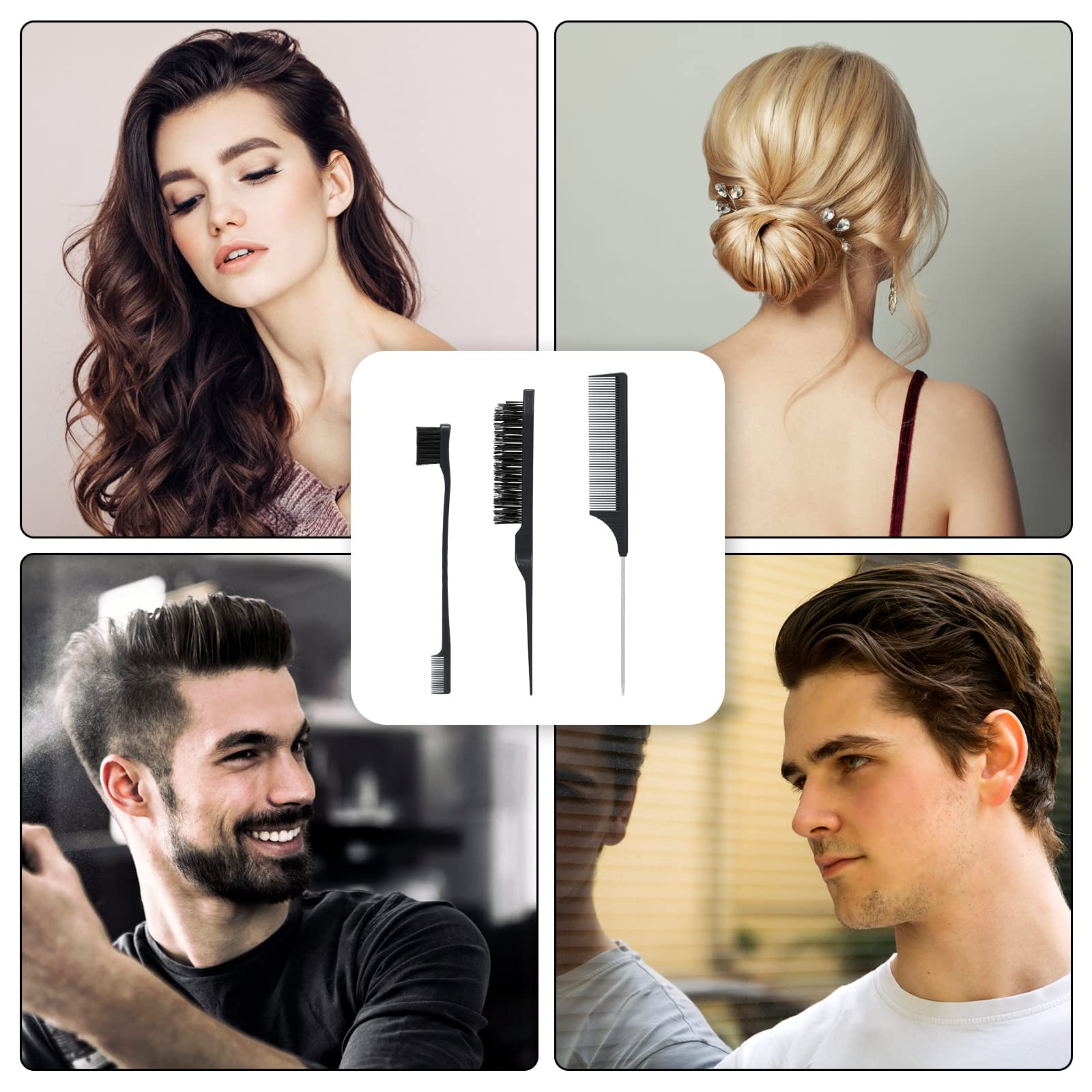 3Pcs Professional Hair Brush Set - Detangling Comb, Rat Tail Comb & Double-Sided Edge Brush for Women, Men & Kids - Perfect for Styling, Detangling & Grooming at Home or Salon (Black)