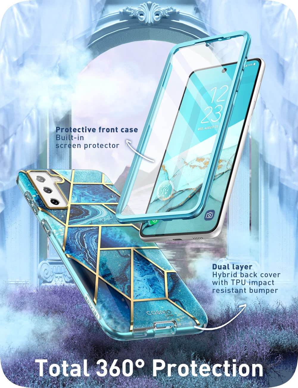 i-Blason Glitter Case for Samsung Galaxy S22 (6.1 Inch) 5G - Shockproof Bumper Cover with 360° Protection & Built-in Screen Protector | Glossy Sparkle Design (Ocean Blue) - Perfect for Everyday Use, Travel & Outdoor Activities