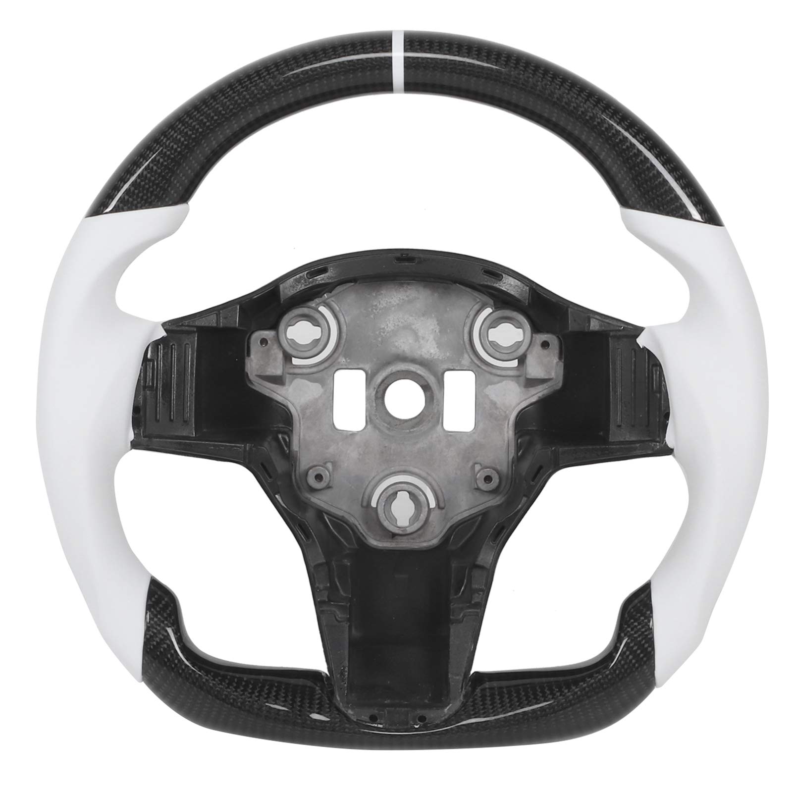 Premium Carbon Fiber & Nappa Leather Steering Wheel with White Stripe - Compatible with Tesla Model 3 (2017-2020) | Luxury Interior Upgrade for Enhanced Driving Experience