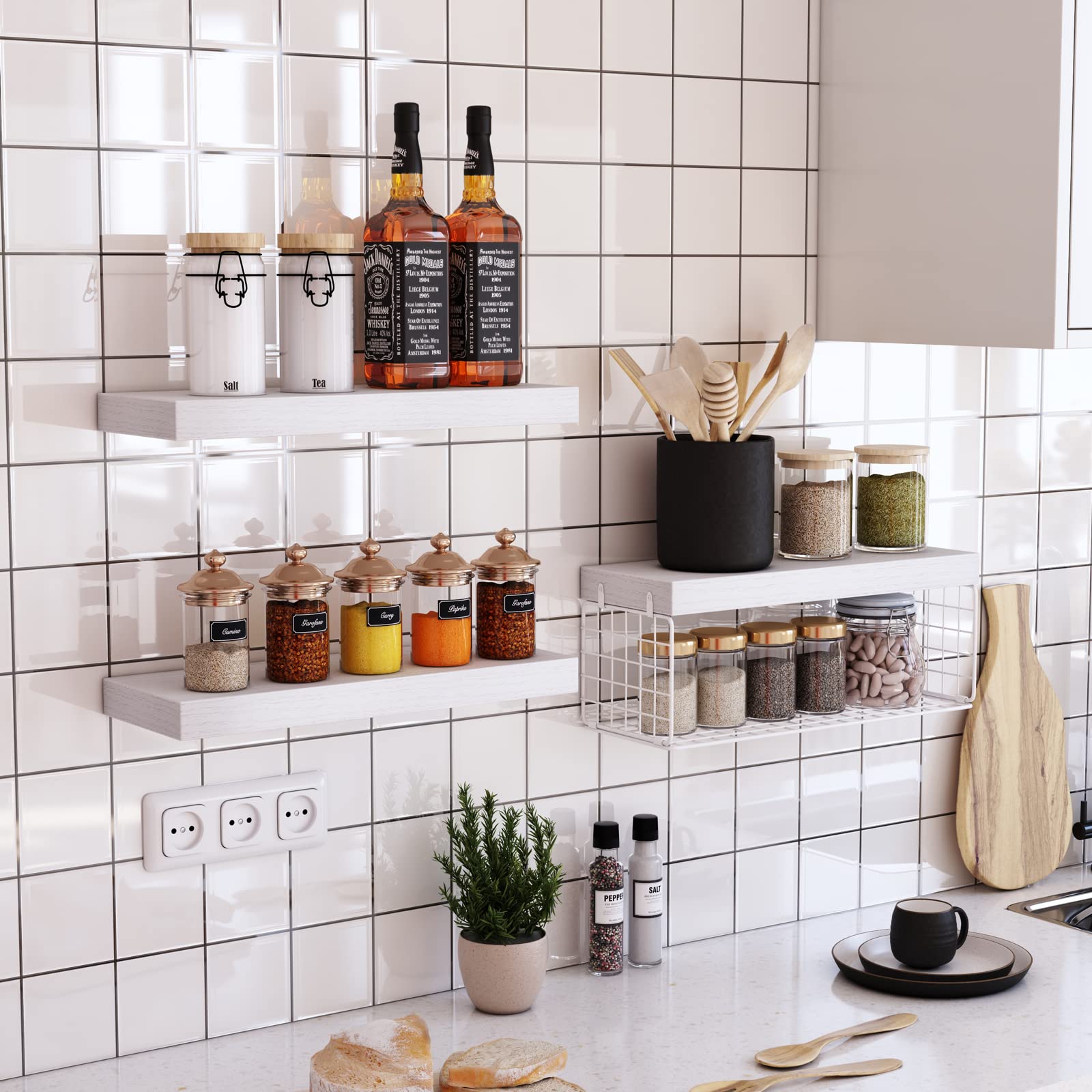 White Floating Bathroom Shelves Over Toilet - 16 Inch Wall Mounted Farmhouse Shelves Set of 2 with Toilet Paper Storage - Perfect for Small Bathrooms, Powder Rooms & Farmhouse Style Decor