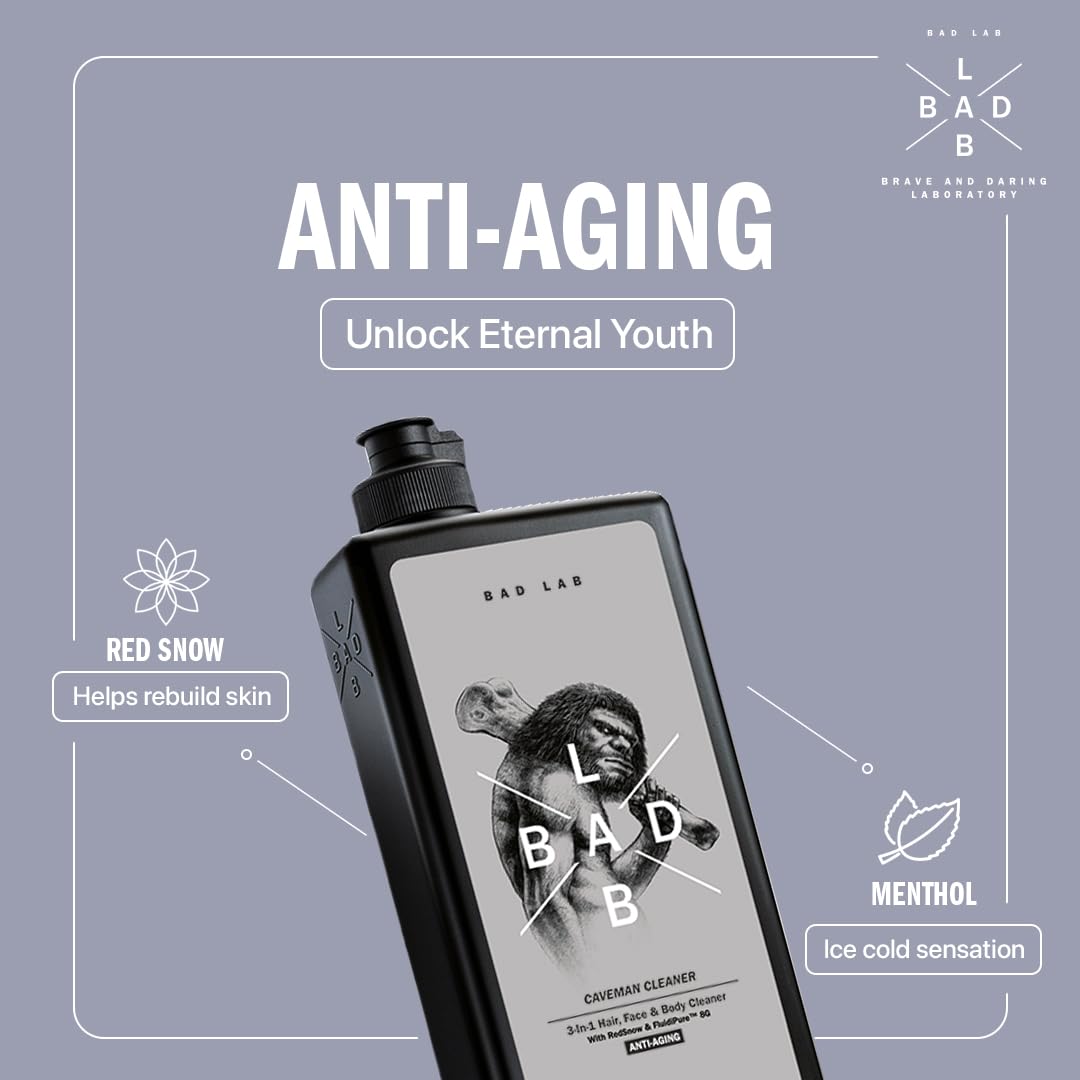 Bad Lab Anti-Aging 3-in-1 Caveman Cleaner for Face, Body & Hair | Men's Shower Gel with Vitamin E, Fluidipure™ 8G & Red Snow Extract | pH Balancing, Antioxidant & Odor Control | 400ml | Perfect for Gym, Travel & Daily Skincare Routine