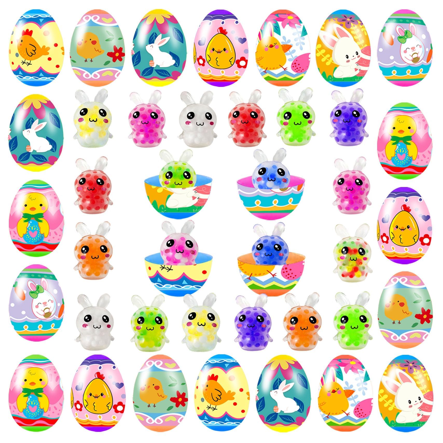 24 Pack Prefilled Easter Eggs with Squeeze Toys - Multicolored Easter Stress Relief Balls for Adults - Perfect for Easter Basket Stuffers, Party Favors, Office Desk Decor & Classroom Rewards