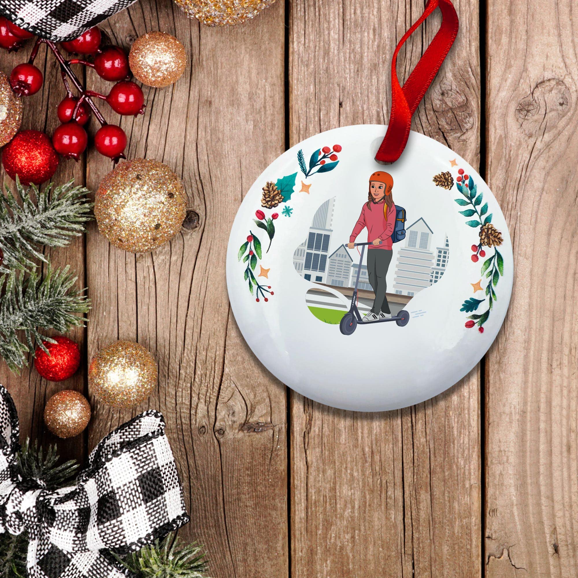 Custom Brunette Girl Electric Scooter Christmas Ornament - Perfect for Holiday Tree Decorations & Gift Giving