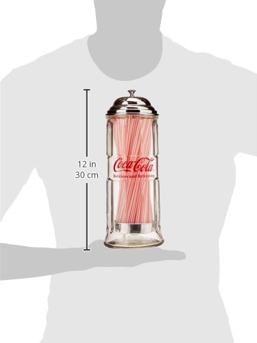 Tablecraft Coca-Cola Glass Straw Dispenser with Metal Lid - Small Retro Drink Accessory for Soda Fountain, Home Bar & Restaurant Use
