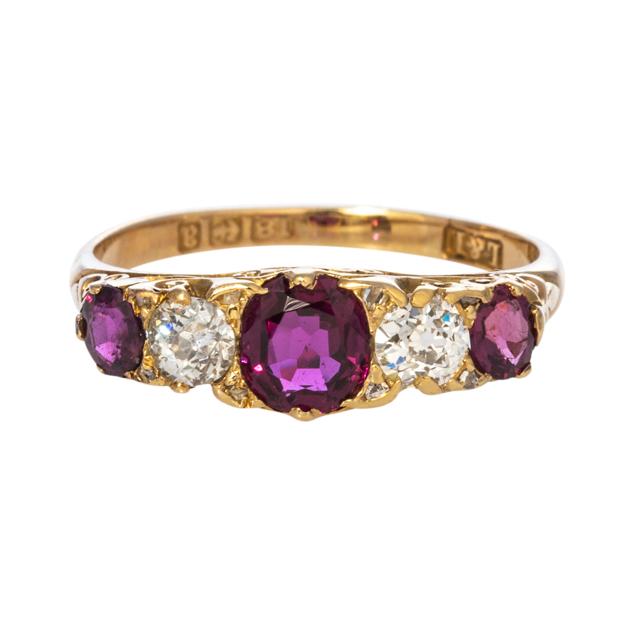 Victorian Ruby & Diamond Five Stone 18K Yellow Gold Ring - Vintage Jewelry for Women, Elegant Gift for Anniversary, Wedding, or Special Occasions