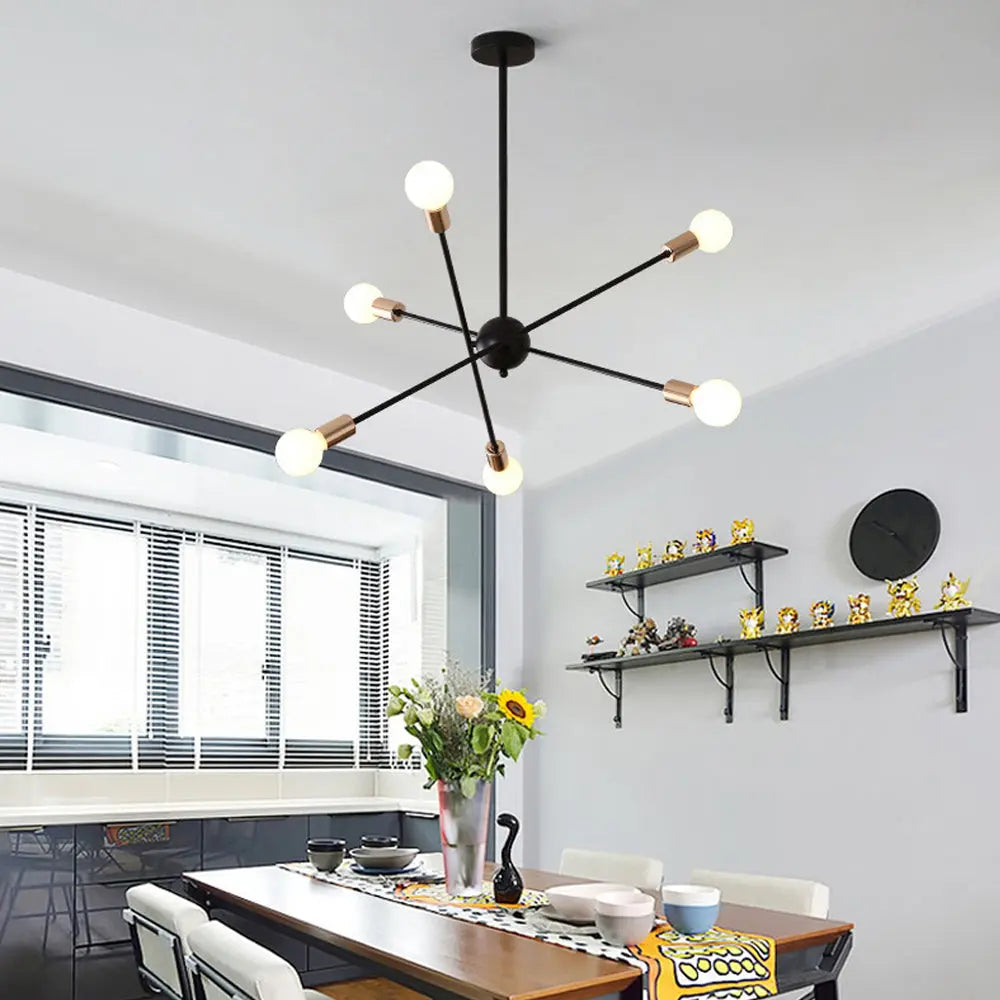Black and Gold Sputnik Chandelier - 6 or 8 Light Modern Ceiling Fixture for Dining Room, Living Room & Bedroom Lighting