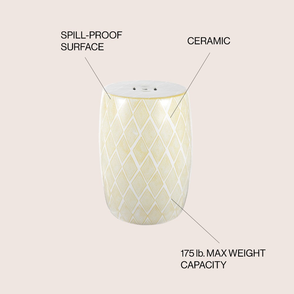 Moroccan Diamonds 18-Inch Ceramic Drum Garden Stool - Outdoor Patio Seating, Boho Decor Accent for Porch, Poolside & Backyard