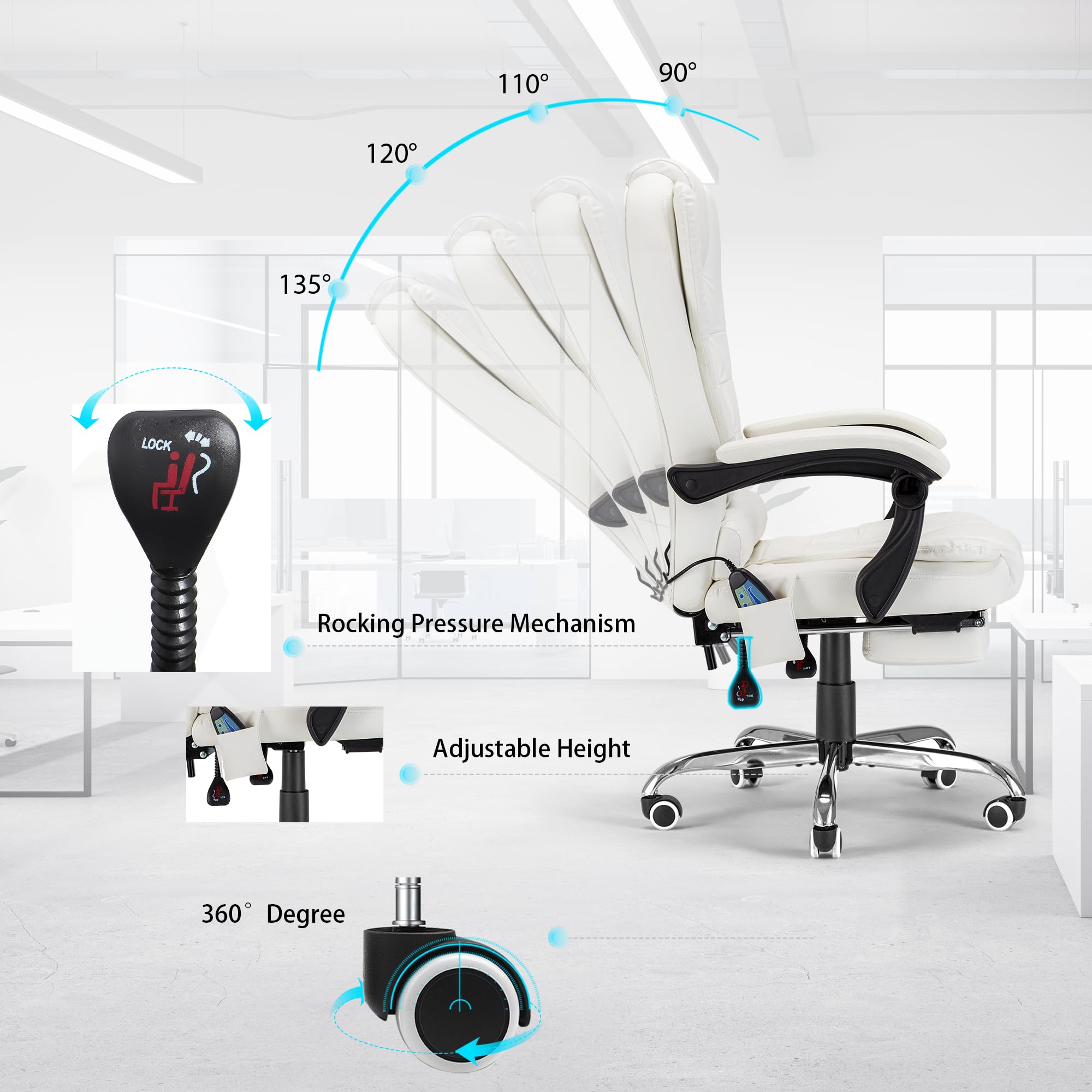 Esright Heated Massage Executive Office Chair with Footrest - High Back Reclining Swivel Leather Computer Desk Chair in Cream White - Perfect for Home Office, Gaming & Relaxation