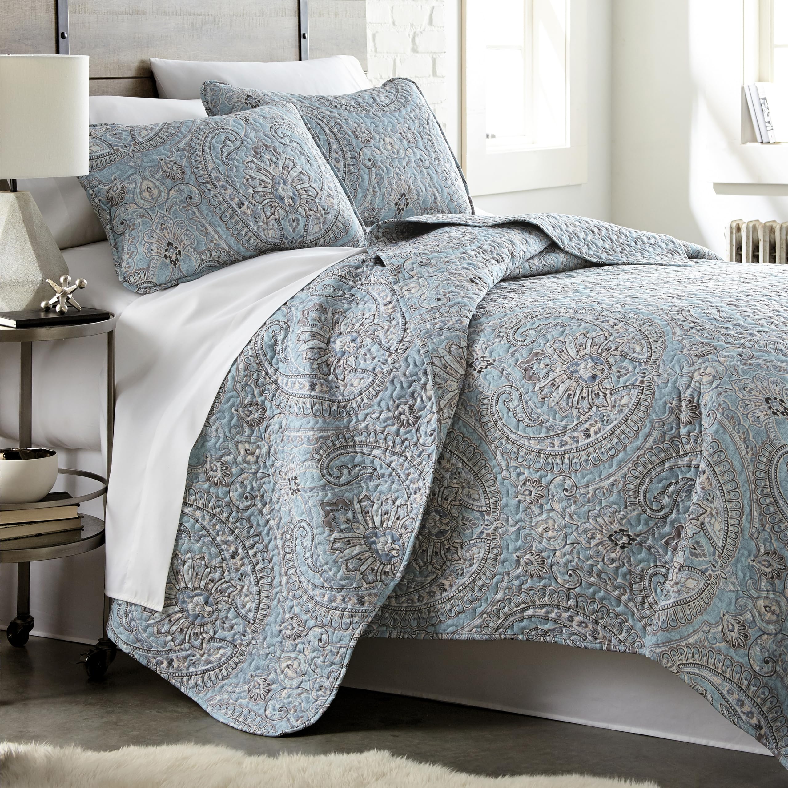 Southshore Fine Living XL Twin Boho Quilt Set - Floral Paisley Bedspread with Matching Sham in Pure Melody Aqua | Lightweight Bohemian Bedding for Guest Rooms, Dorms & Cozy Bedroom Decor