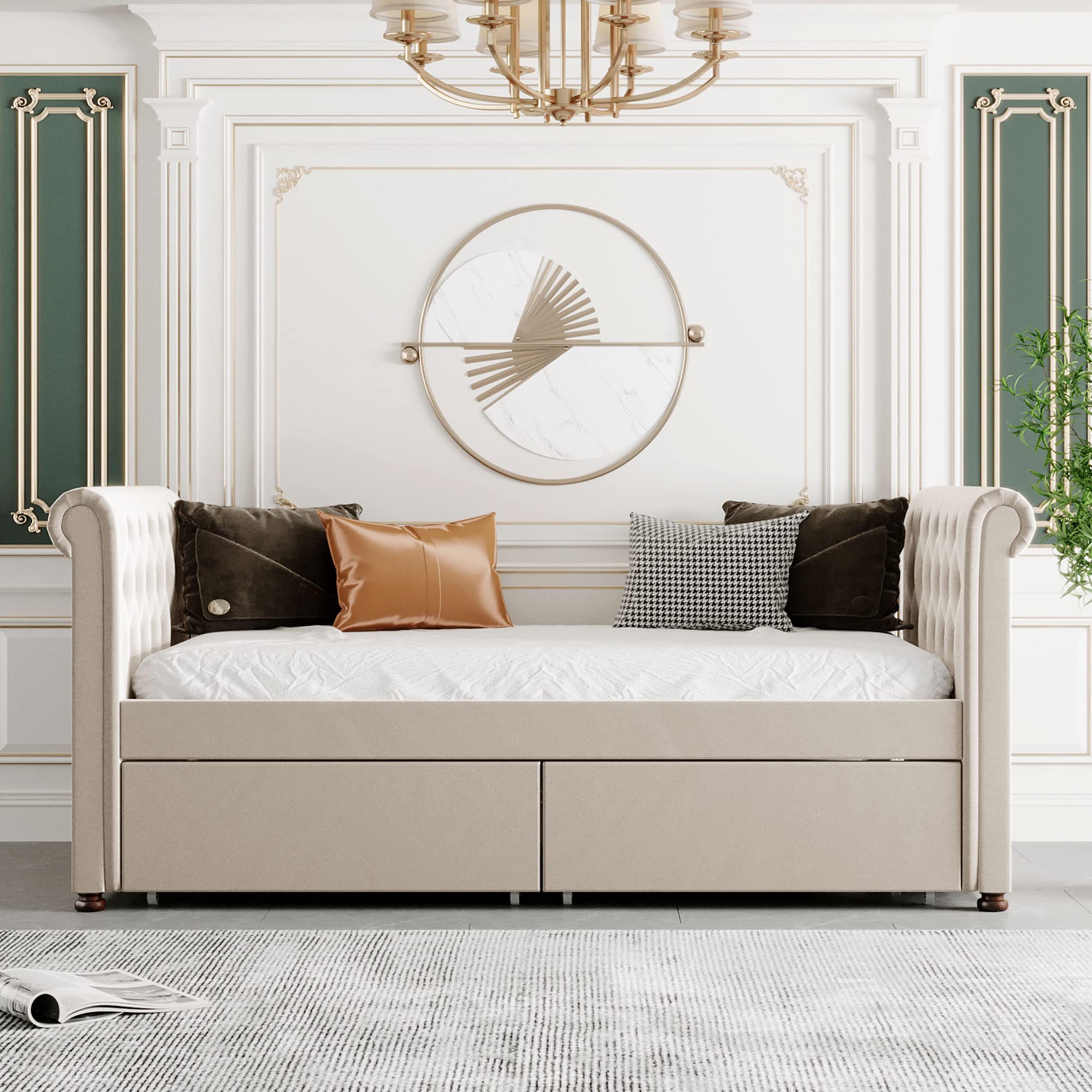 Twin Size Upholstered Daybed with 2 Storage Drawers & Tufted Sofa Bed - Wood Frame Beige for Guest Room, Small Space & Multi-Functional Furniture