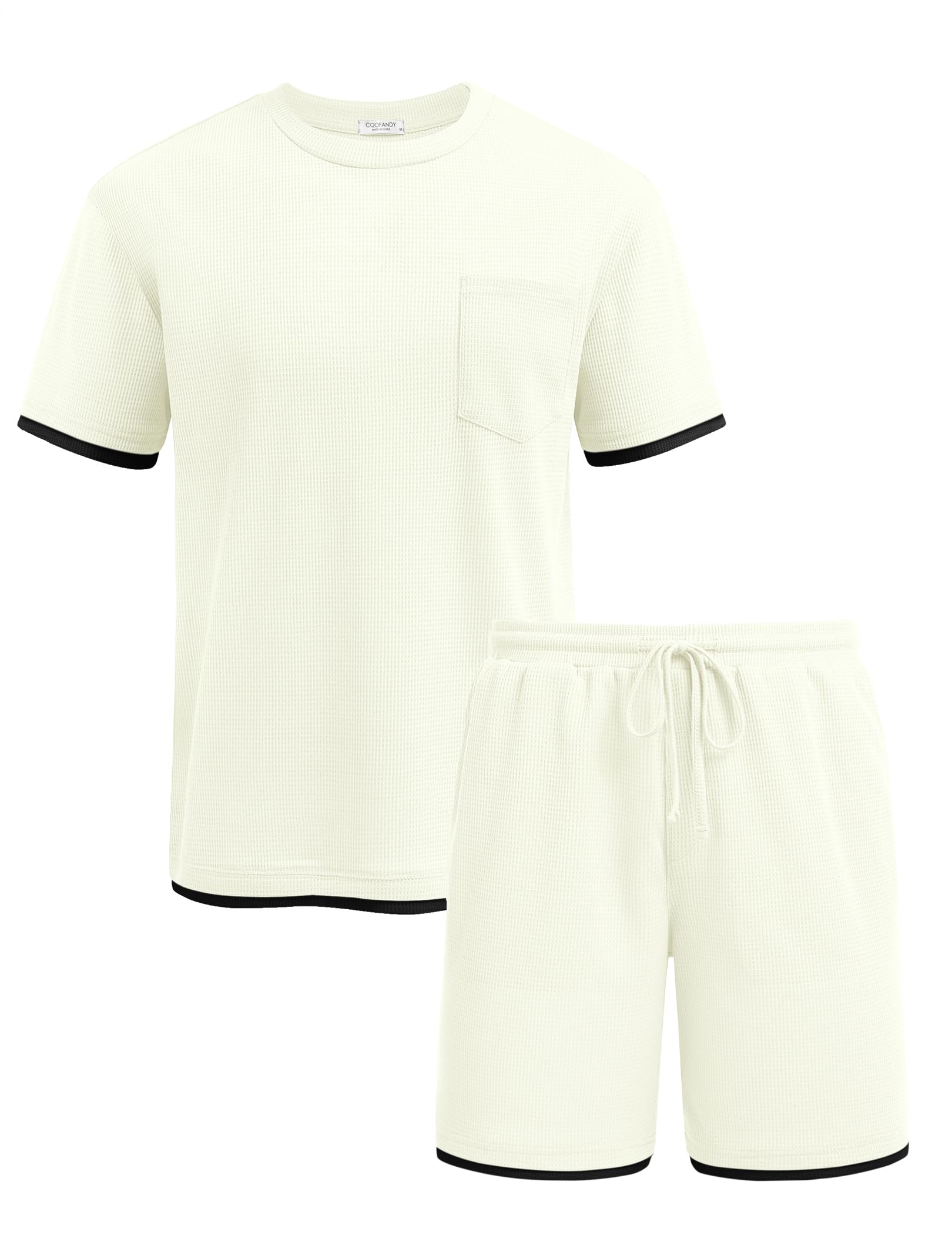 COOFANDY Men's Waffle Knit Shirt & Shorts 2-Piece Lounge Set - Breathable Summer Casual Outfit with Pockets for Home, Gym & Outdoor Activities
