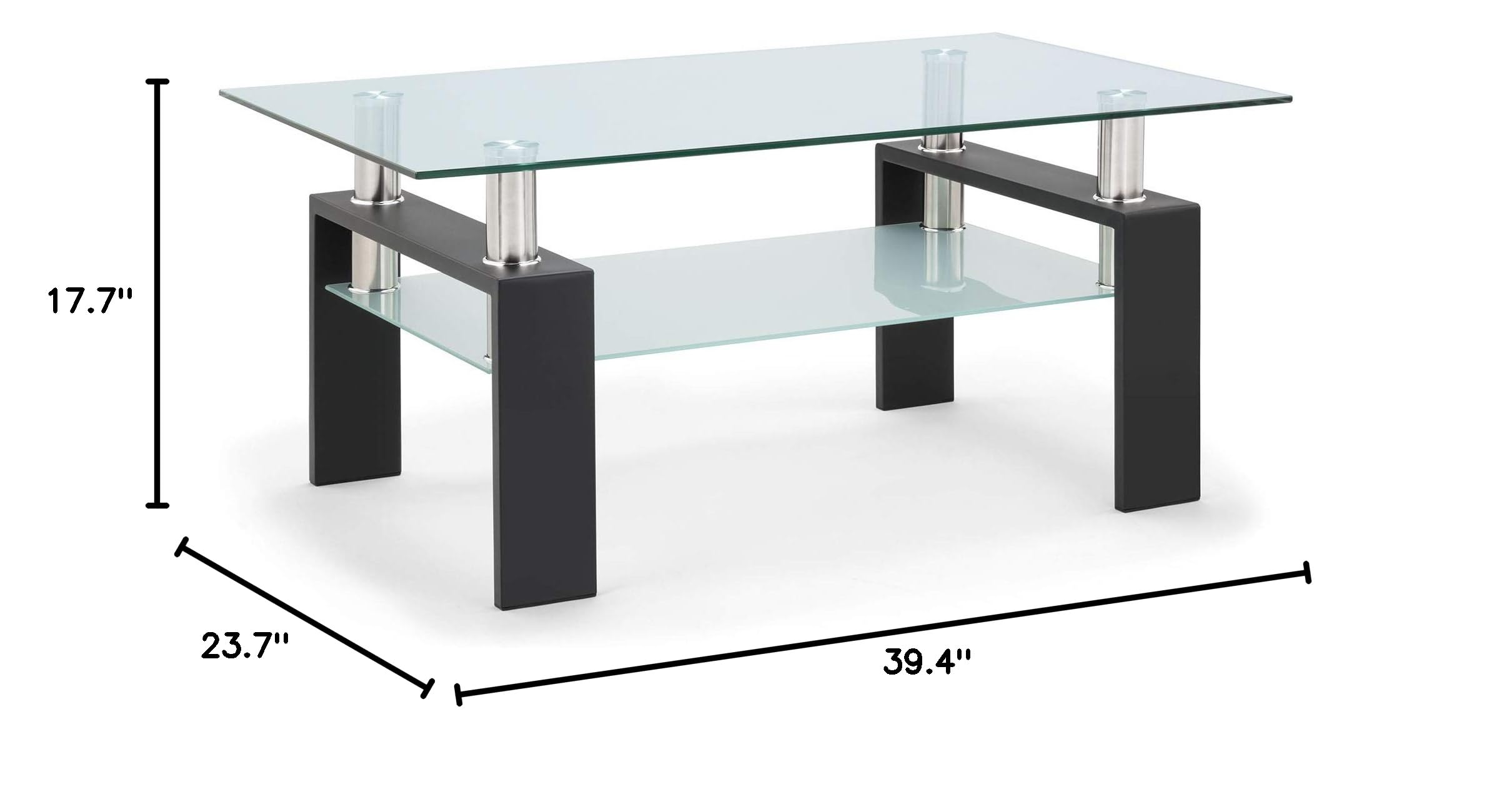 Modern Rectangle Glass Coffee Table with Black Metal Legs & Lower Shelf - Stylish Side Table for Living Room, Office, or Lounge Area