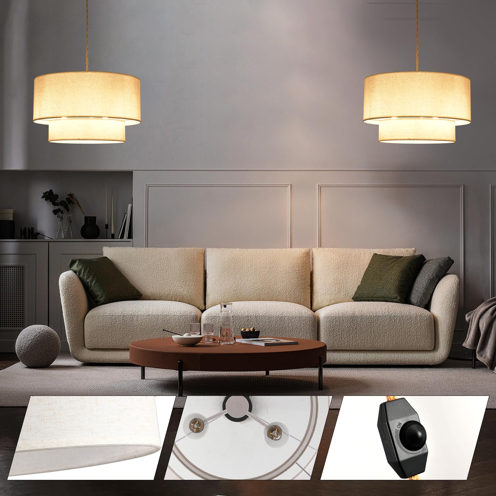 2-Tier Drum Linen Plug-in Pendant Light with 15ft Hemp Rope & Dimmable E26 Switch - 20