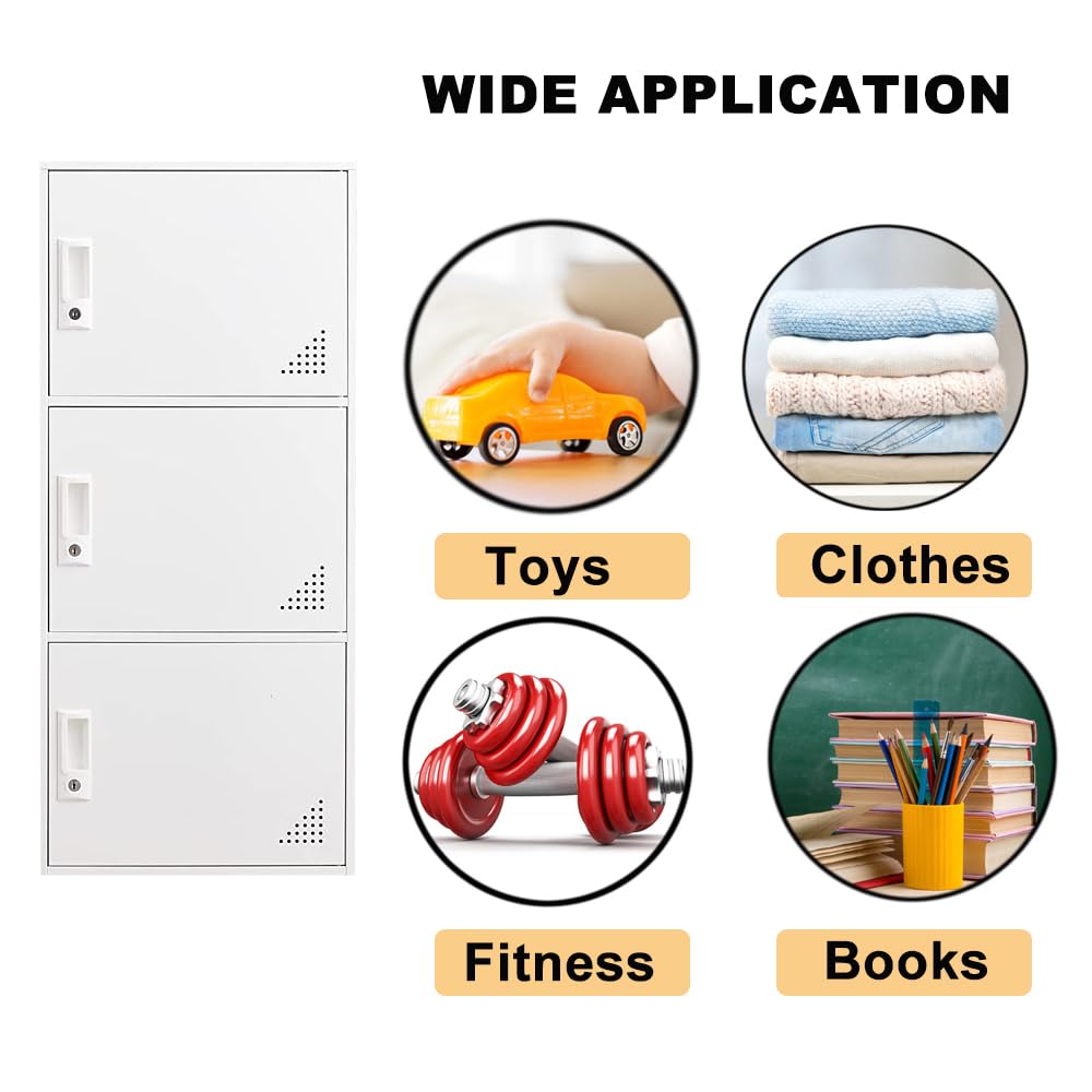 3-Door Metal Locker - Heavy Duty Steel Storage Cabinet with Lock | Secure Vertical Organizer for Office, School, Home & Gym | White Employee Storage Locker for Clothes, Books & Personal Items