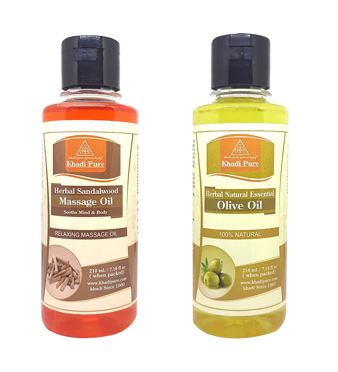 Khadi Pure Olive & Sandalwood Massage Oil for Relaxation & Aromatherapy - 210ml (Pack of 2) - Perfect for Spa, Yoga & Stress Relief at Home