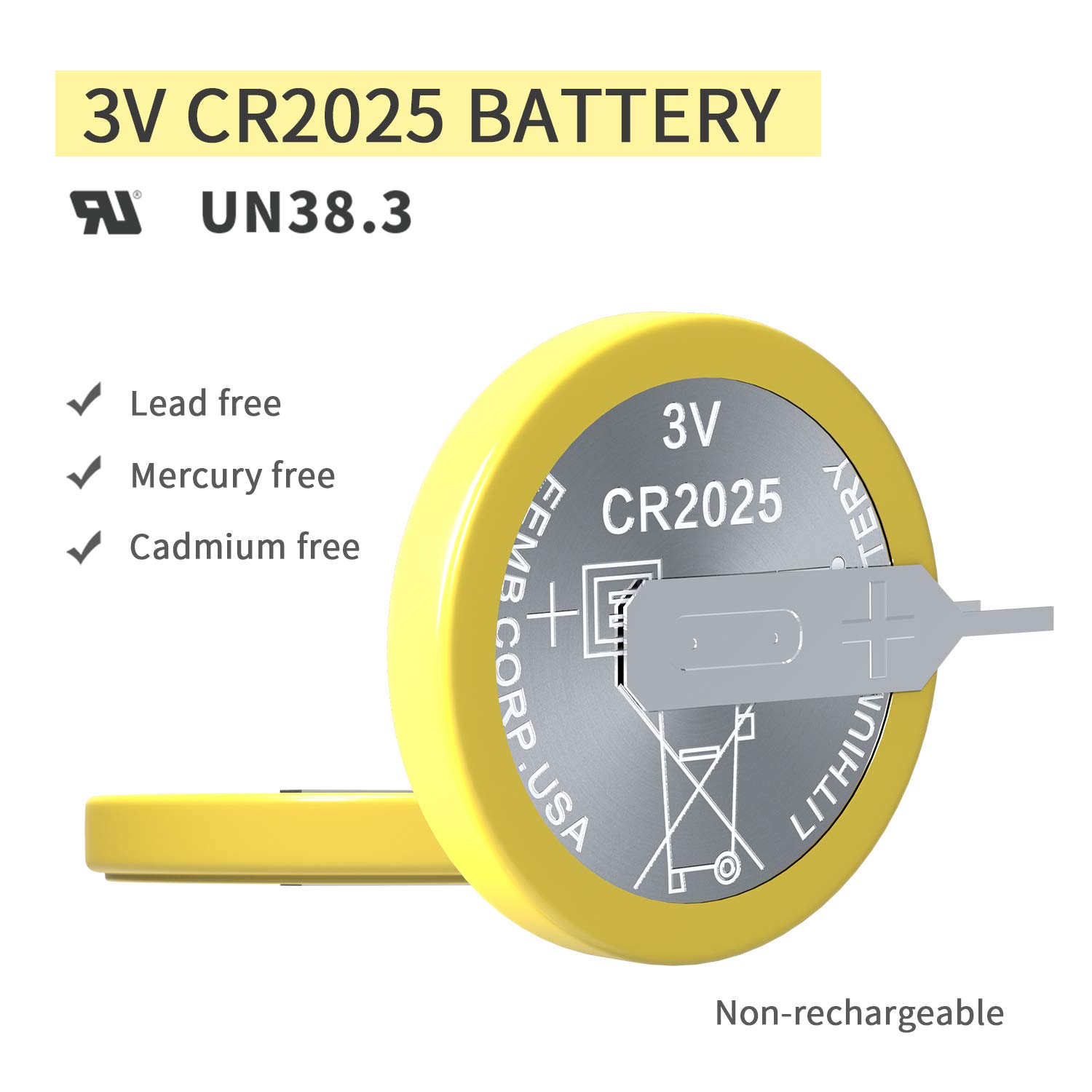 EEMB 10-Pack CR2025 3V Lithium Coin Batteries with Solder Tabs - UL Certified Replacement Battery for Watches, Key Fobs, Calculators & Small Electronics
