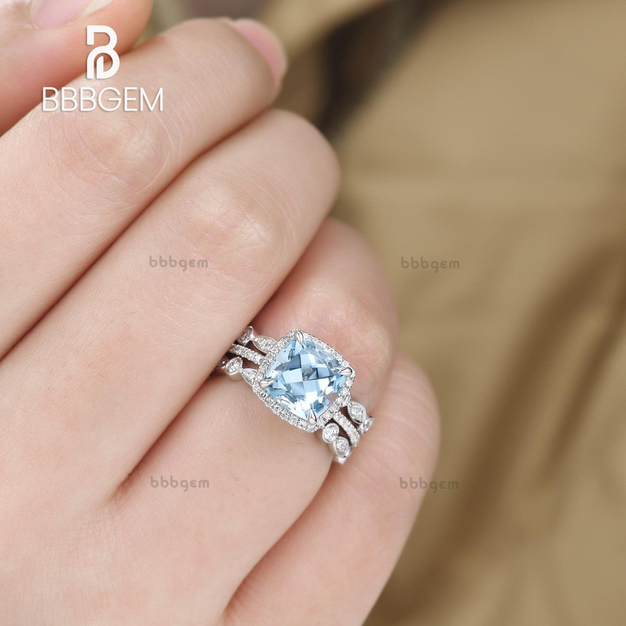 2.2 Carat Cushion Cut Aquamarine and Diamond Bridal Set, 14K White Gold Wedding Ring with Full Eternity Band - Perfect for Engagement, Anniversary, and Art Deco Style Jewelry Lovers
