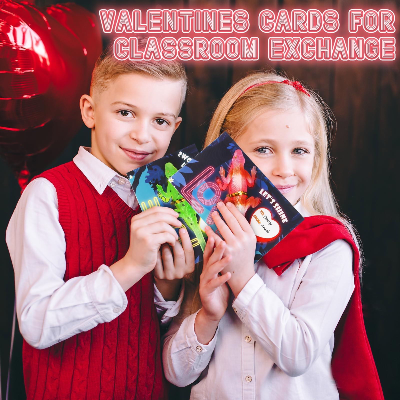 24 Pack Glow in The Dark Lizards Valentine Cards for Kids - Classroom Exchange, School Party Favors & Prizes | Fun Valentine's Day Gifts for Classroom Activities & Holiday Celebrations