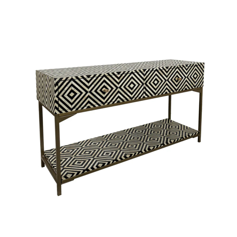 Handmade Bone Inlay Black and White Console Table - Classic Design Hallway Entryway Table with 2 Drawers for Living Room, Foyer & Home Decor