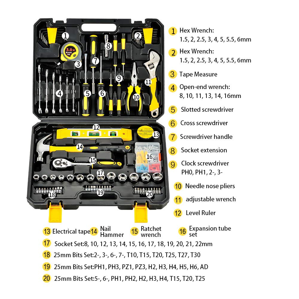 108Pcs Home Tool Kit - Carbon Steel Hand Tool Set with High Hardness for Household Repair, DIY Projects & Maintenance | Includes Storage Box | Perfect for Home Renovation, Car Repair & Emergency Fixes