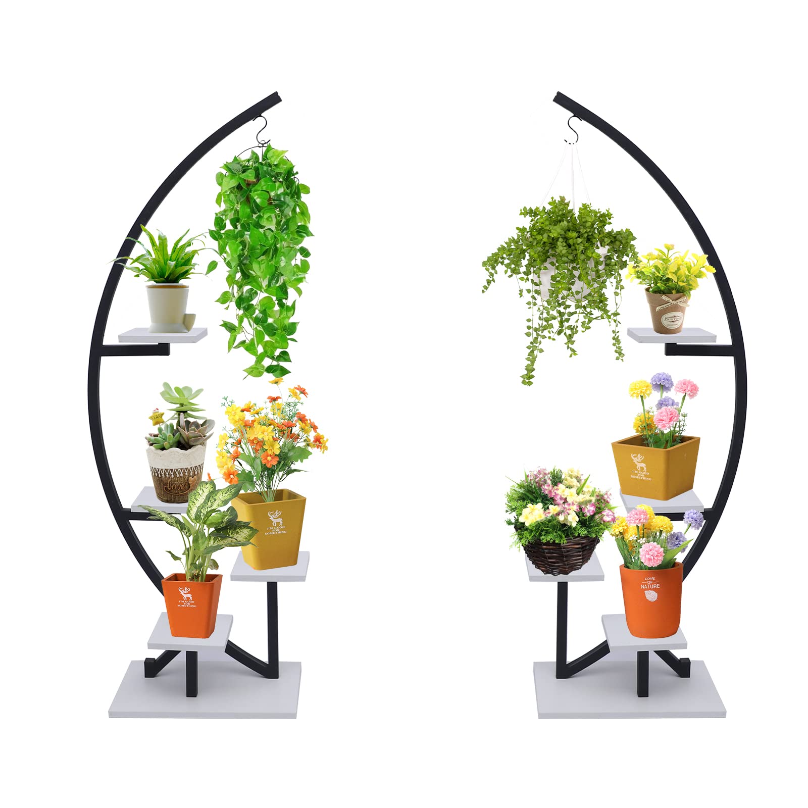 5 Tier Metal Plant Display Rack - Freestanding Half Moon Shaped Plant Stand with Hooks for Indoor Outdoor Use - Multi-Level Plant Shelf for Multiple Plants - Perfect for Home, Patio, Lawn, Garden, Balcony Decor (2Pcs/Set, Black) - Ideal for Small Space Gardening & Vertical Plant Display