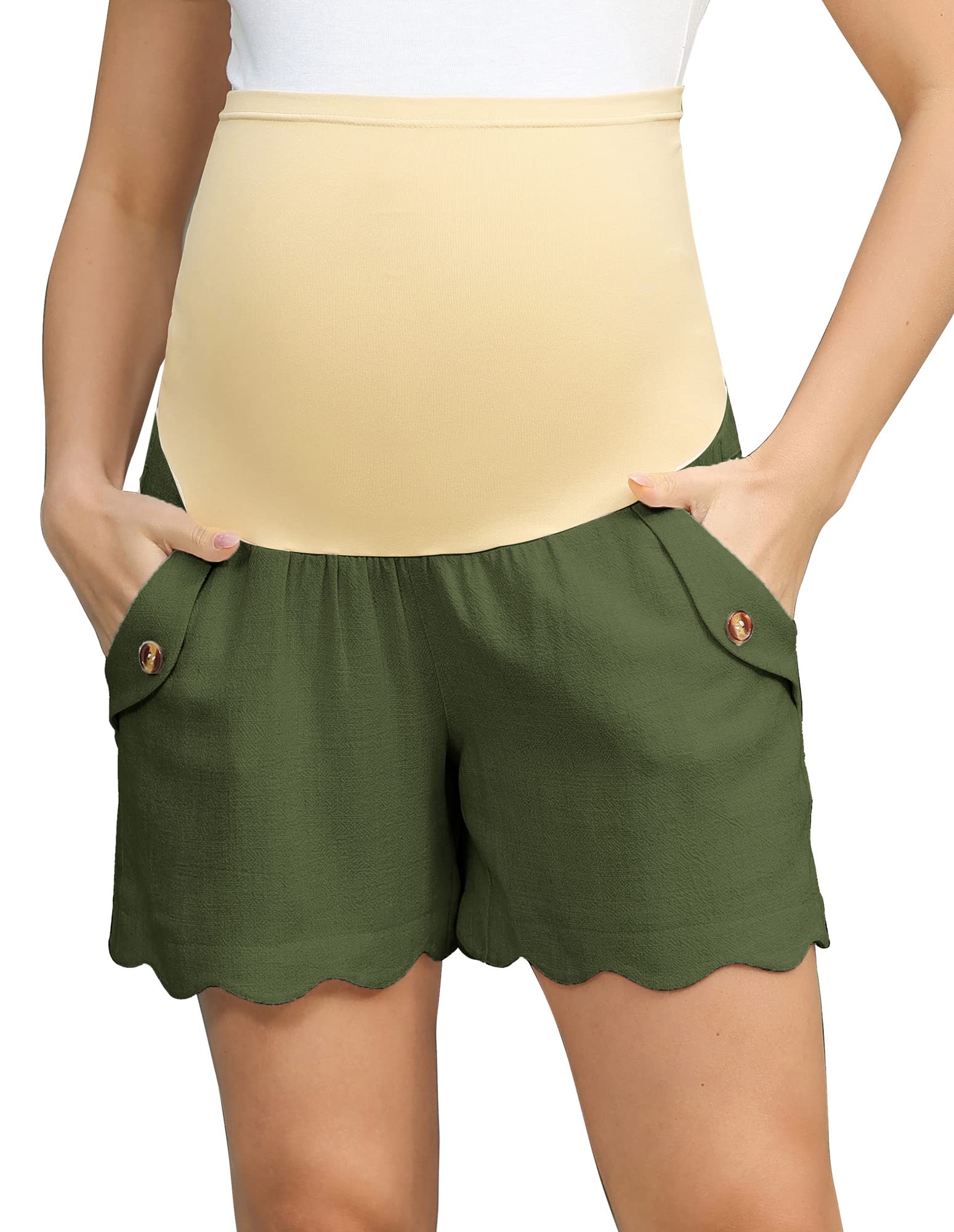Maacie Maternity Shorts - High Waist Linen Shorts for Pregnant Women with Pockets - Comfortable Work & Office Wear for Expecting Moms