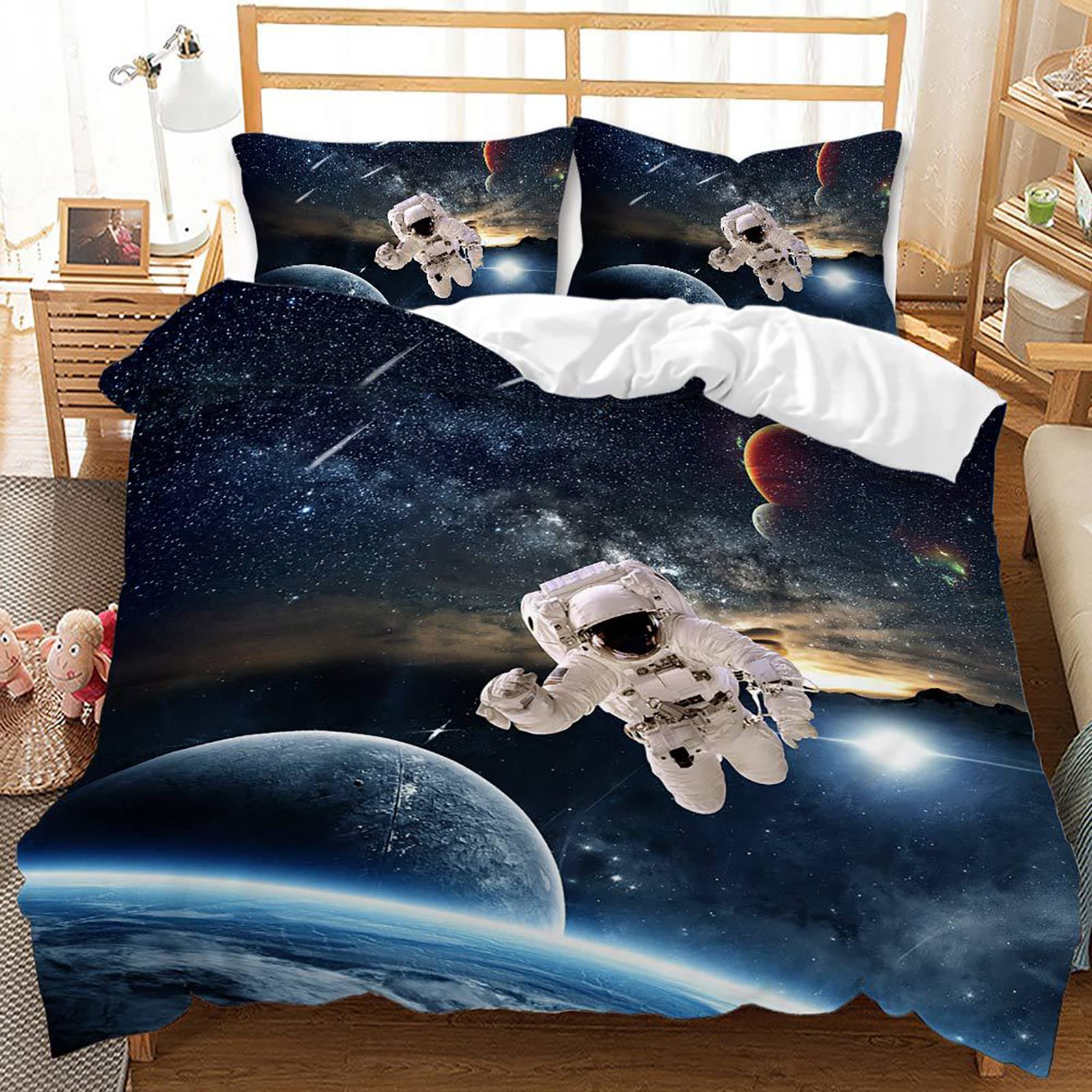 AKJKWLSS Twin Size Astronaut Comforter Cover Set - 2 Piece Outer Space Galaxy Bedding with Solar System Planets Print, Soft Duvet Cover + 2 Pillowcases for Kids & Boys - Perfect for Space Themed Bedrooms, Kids' Rooms & Gift Giving