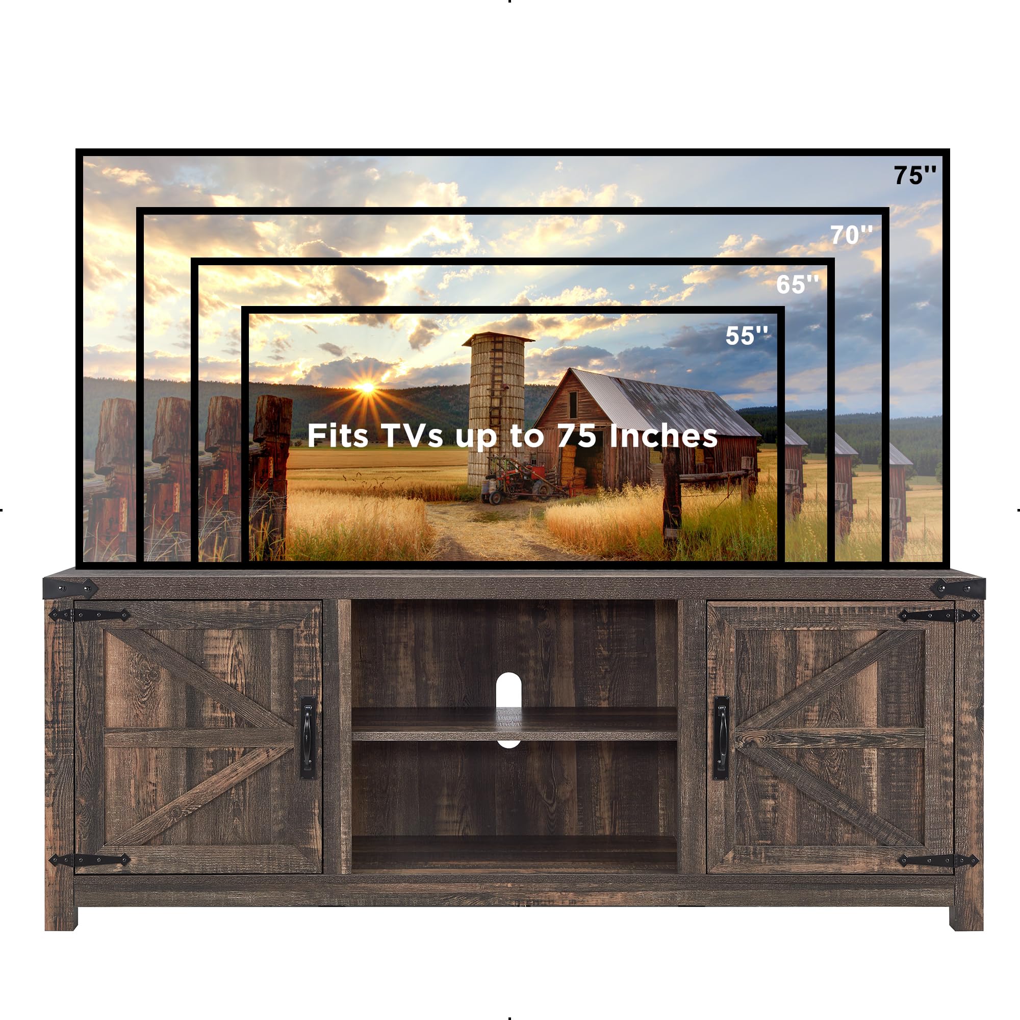 Farmhouse TV Stand for 75 Inch TVs - Rustic Oak Wood Media Console with Barn Doors & Storage Cabinets - Easy Assembly Entertainment Center for Living Room, Home Theater & Family Room Decor