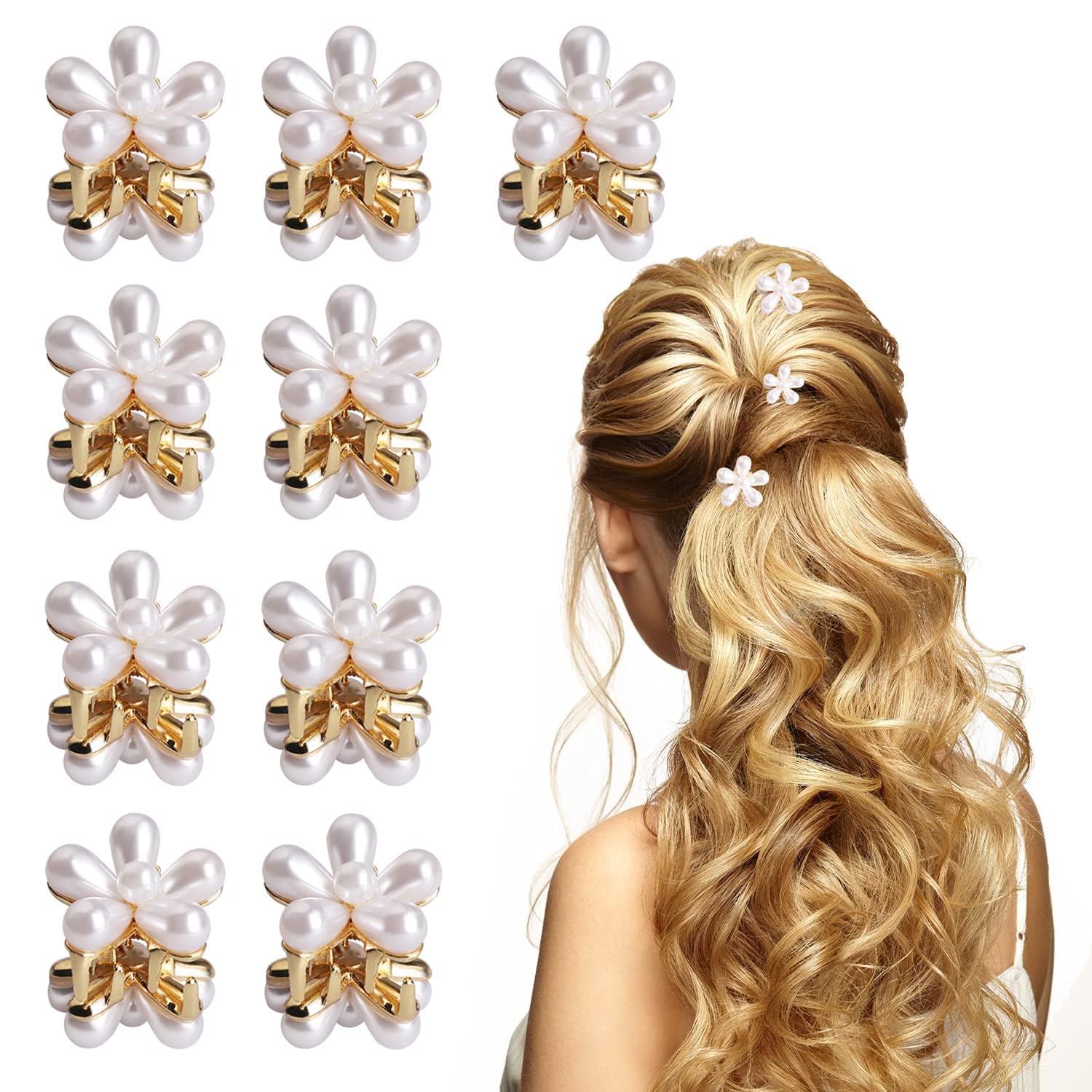 12 Pcs White Pearl Mini Claw Hair Clips for Women - Elegant Floral Hair Accessories for Bridal, Party & Everyday Use (Pearl Claw Hairpins)