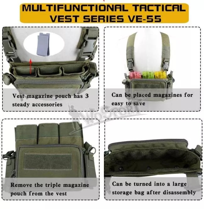 WST VE 55 Tactical Vest 500D - Military Grade Molle Vest for Outdoor, Airsoft & Hunting - Adjustable Body Armor Carrier with Multiple Pockets