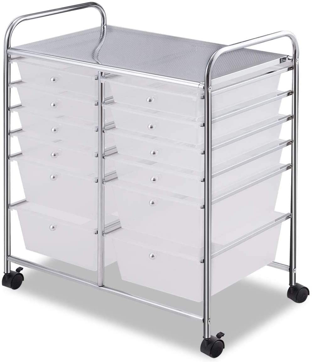 FANTASK 12-Drawer Rolling Storage Cart with Wheels - Multipurpose Organizer Utility Trolley for Tools, Scrapbook Paper, School, Office, Home & Beauty Salon (Clear) - Perfect for Craft Rooms, Workshops, Salon Stations & Closet Organization