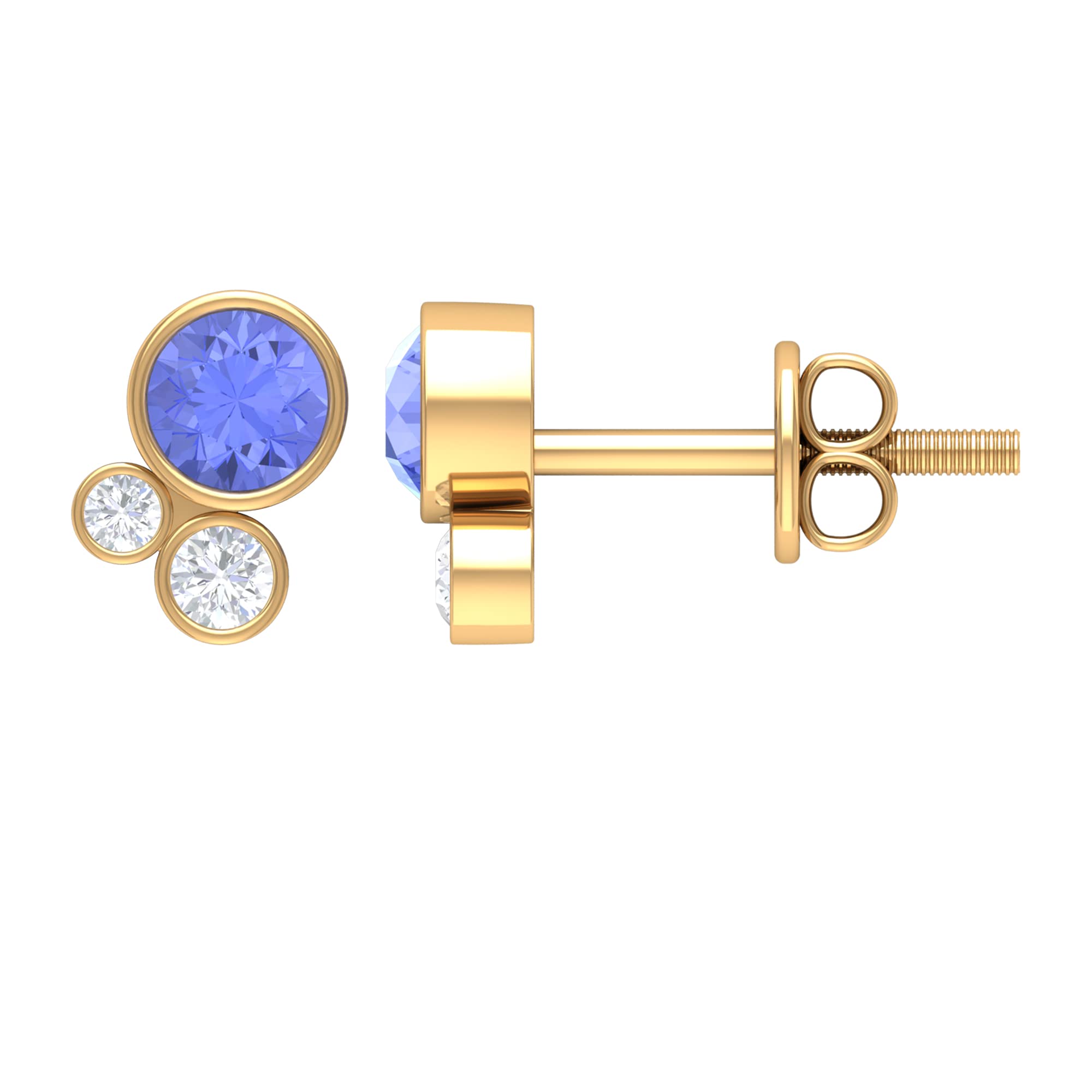 1/4 CT Dainty Tanzanite and Diamond Stud Earrings - 14K Solid Gold Bezel Set Three Stone Earrings for Women | Perfect for Weddings, Anniversaries & Special Occasions