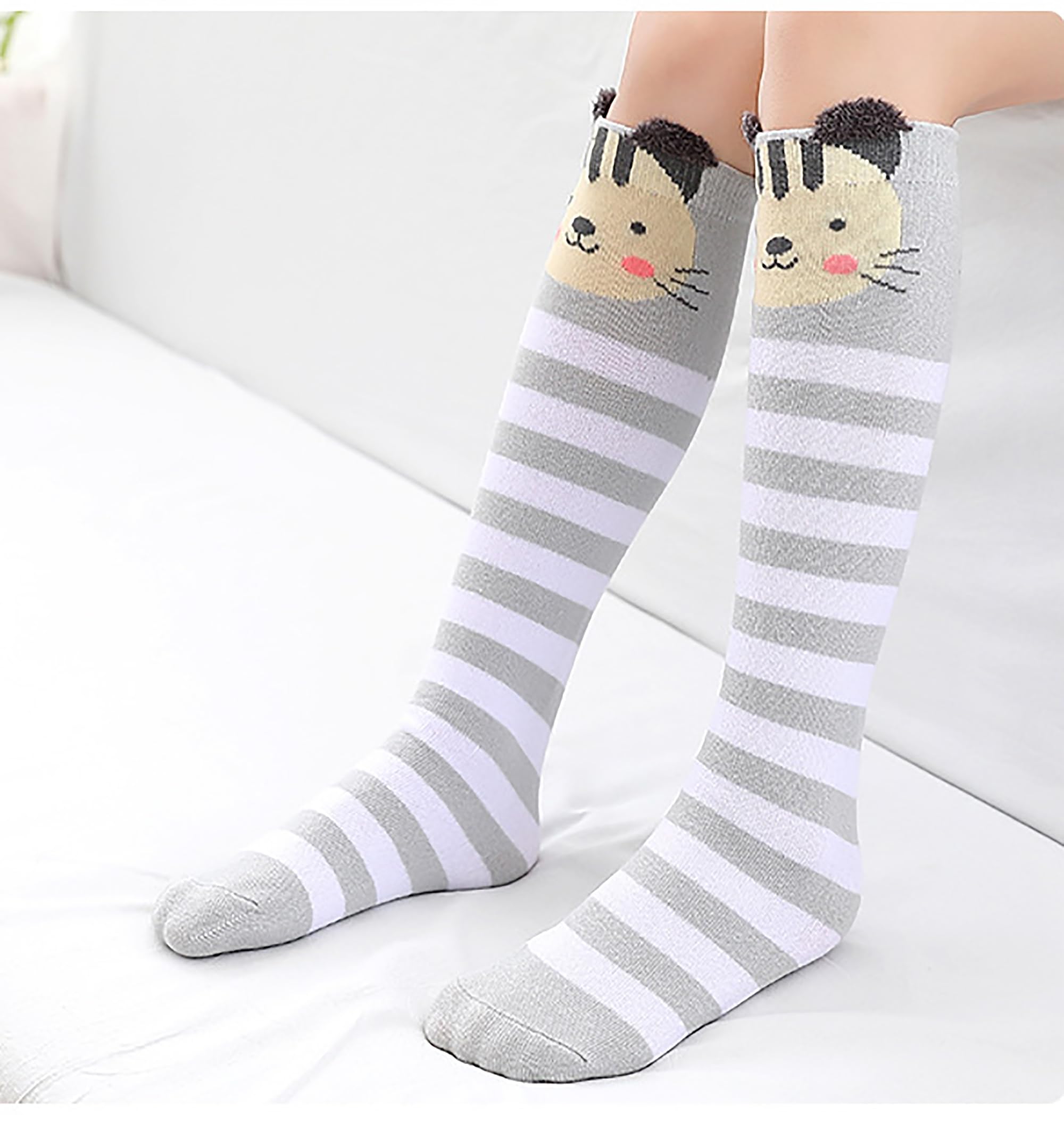 Bestjybt Girls' Knee-High Animal Socks - 4 Pairs Cozy Fun Cute Dog Cat Rabbit Fox Pattern Socks for Kids, Perfect Holiday Gift & Birthday Present - Great for Christmas, School, Sleepovers & Winter Outfits
