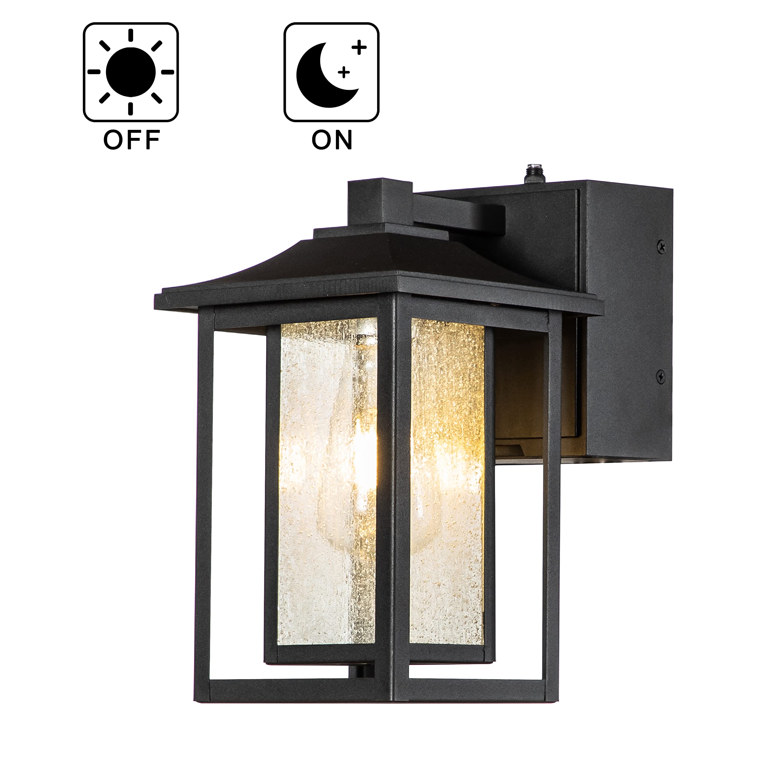 Black Outdoor Wall Light with Dusk to Dawn Sensor & Motion Detection - Seeded Glass Porch Light Fixture with GFCI Outlet - Perfect for Garage, Garden, Patio & Front Porch Security Lighting