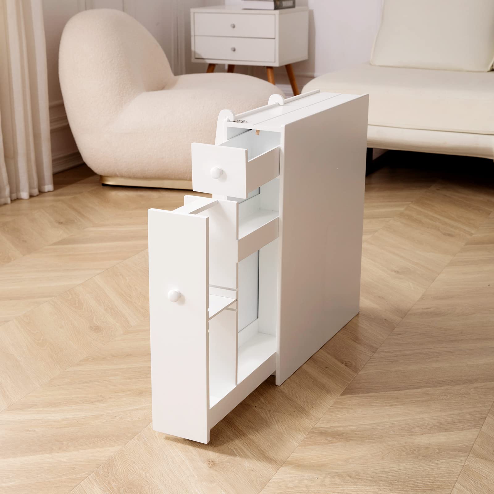 Compact Free-Standing Bathroom Storage Cabinet with Pulley & Slide-Out Drawers - Slim Toilet Paper Organizer with Magazine Holder - White - Perfect for Small Bathrooms & Tight Spaces Next to Toilet