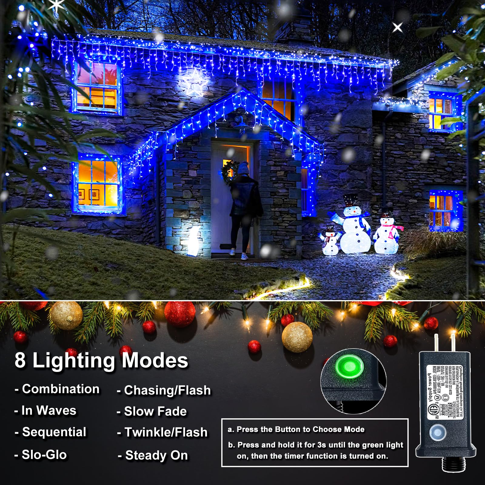 400 LED Icicle Christmas Lights Outdoor - 33FT Waterproof Plug-in String Lights with 8 Modes, Blue Twinkle Lights for Home Roof, Window, Garden, Yard, Wedding & Party Decorations - Perfect for Holiday, Christmas Tree, Patio and Outdoor Decor