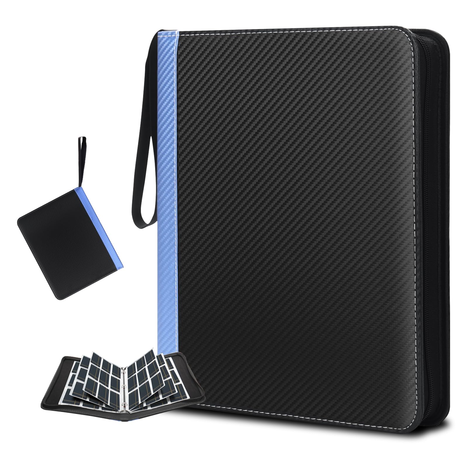 990 Pockets Trading Card Binder with 9-Pocket Pages & Protective Sleeves - Premium Zippered Baseball Card Organizer for Sports Cards, Collectibles & Kids Storage (Black+Blue) - Perfect for Card Collectors, TCG Games & School Organization