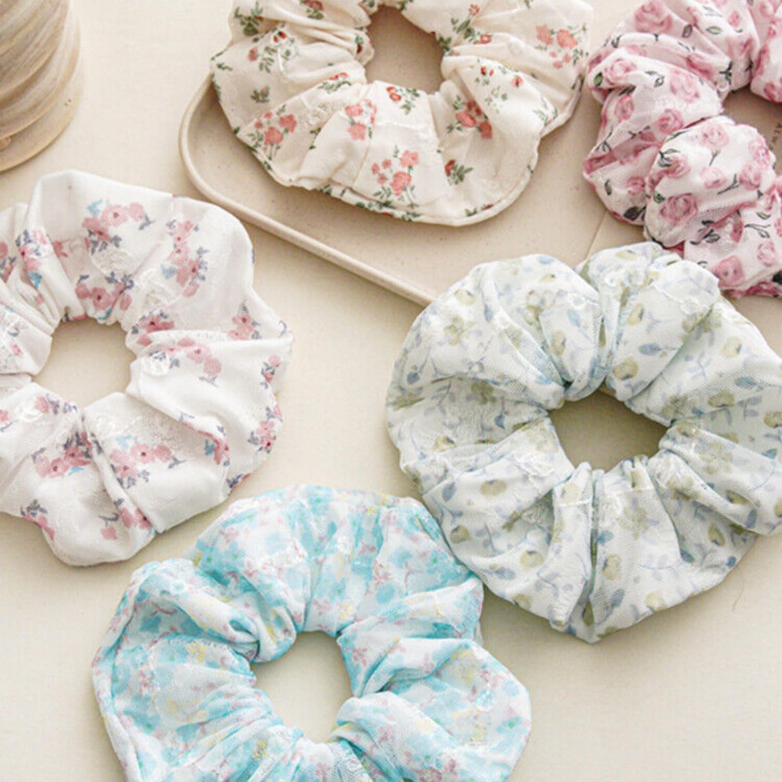 Floral Print Scrunchies for Women - Soft Elastic Hair Bands, Ponytail Holders & Hair Accessories - Green Bow Hair Ribbon for Long Hair - Perfect for Workouts, Office & Casual Wear