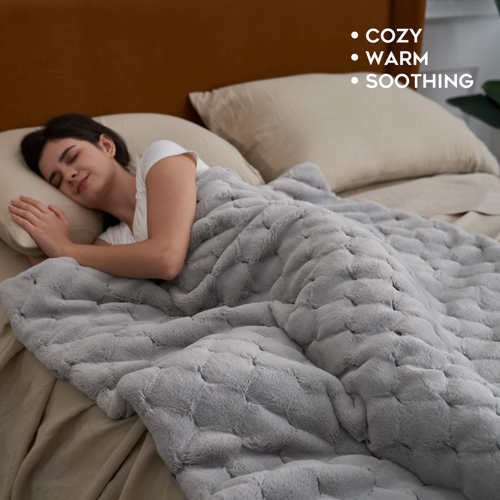 YnM Fluffy Weighted Blanket (Light Grey, 60''x80'' 15lbs) - Luxury Soft Faux Fur Heavy Blanket for Adults, Anxiety Relief & Stress Reduction - Perfect for Bed, Couch, Office & Home Decor