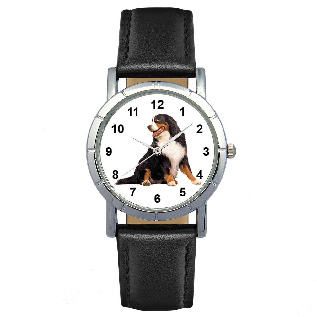 Timest Women's Bernese Mountain Dog Analog Quartz Watch with Black Leather Strap - Round Dial Wristwatch for Casual Wear, Office & Outdoor Activities