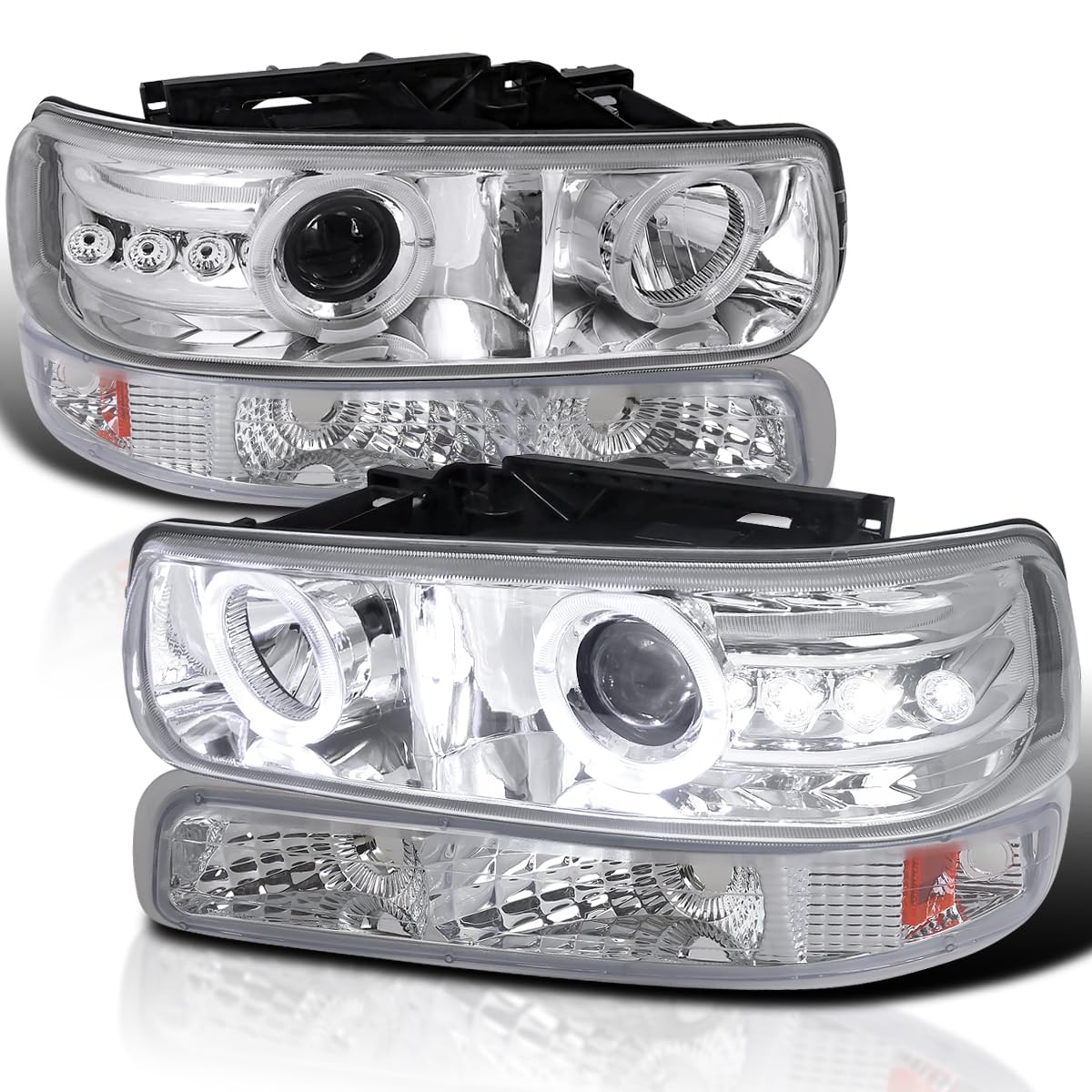 Spec-D Tuning Chrome LED Halo Projector Headlights with Bumper Lights - Compatible with 1999-2002 Chevy Silverado & 2000-2006 Tahoe - Left/Right Pair Headlamp Assembly - Upgrade for Night Driving & Off-Road Adventures