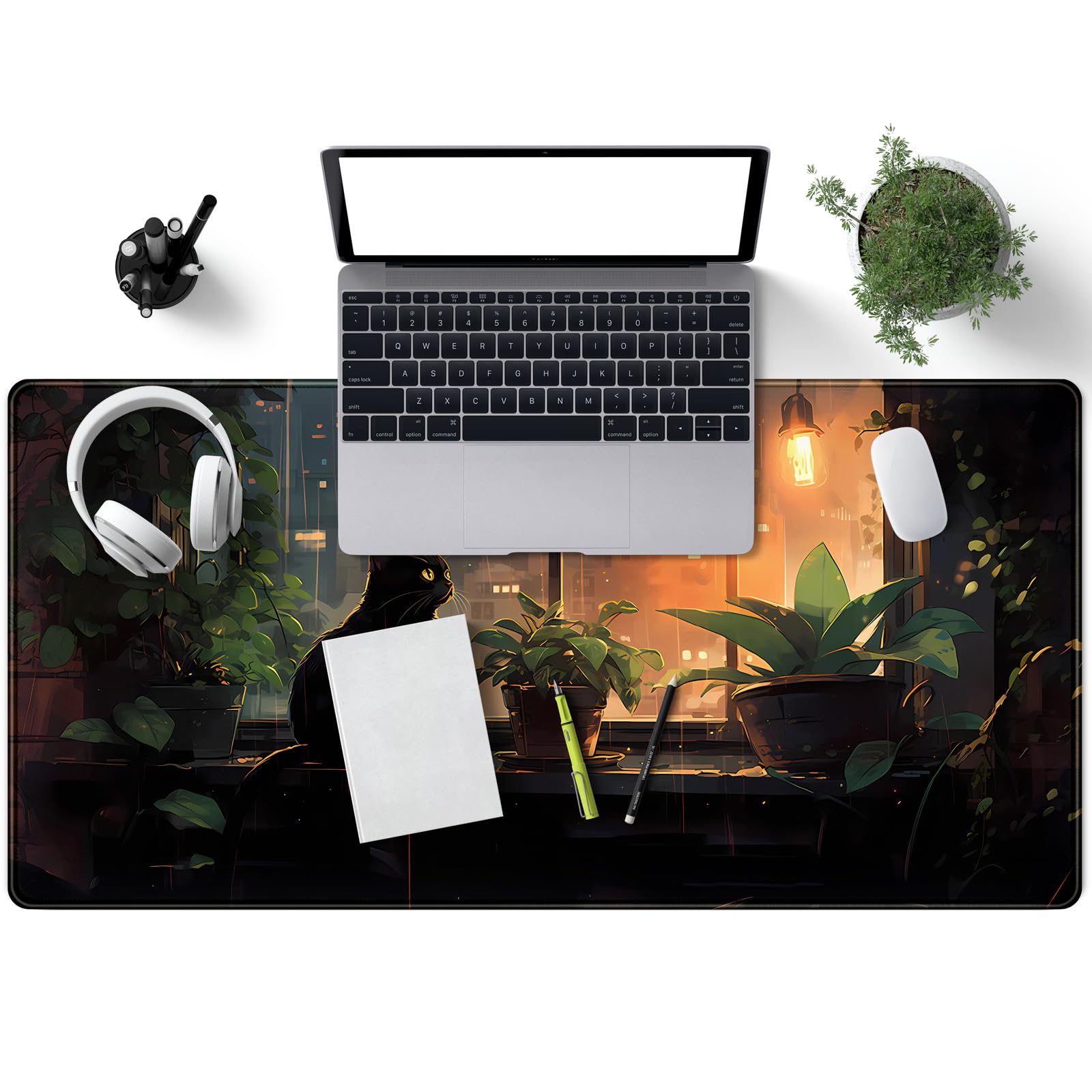 Black Cat Anime Desk Mat - Large Gaming Mouse Pad with Green Plants for Women, Perfect for Laptop & Desktop Decor