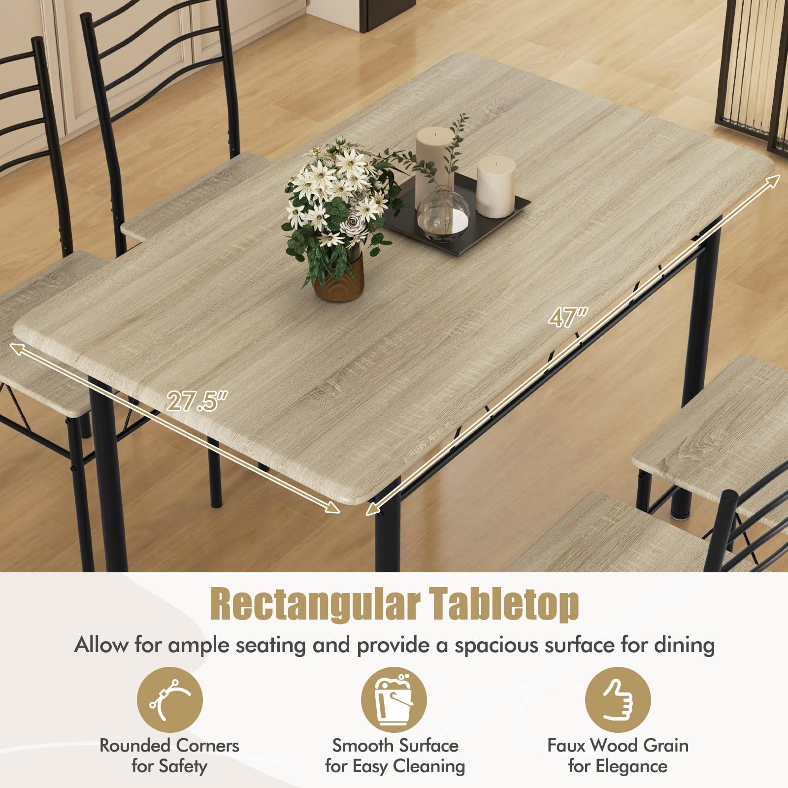 5-Piece Counter Height Dining Table Set with Steel Frame, 4 High Back Chairs & Non-Slip Pads - Beech Wood Kitchen & Restaurant Furniture for Small Spaces, Breakfast Nooks & Bistro Settings