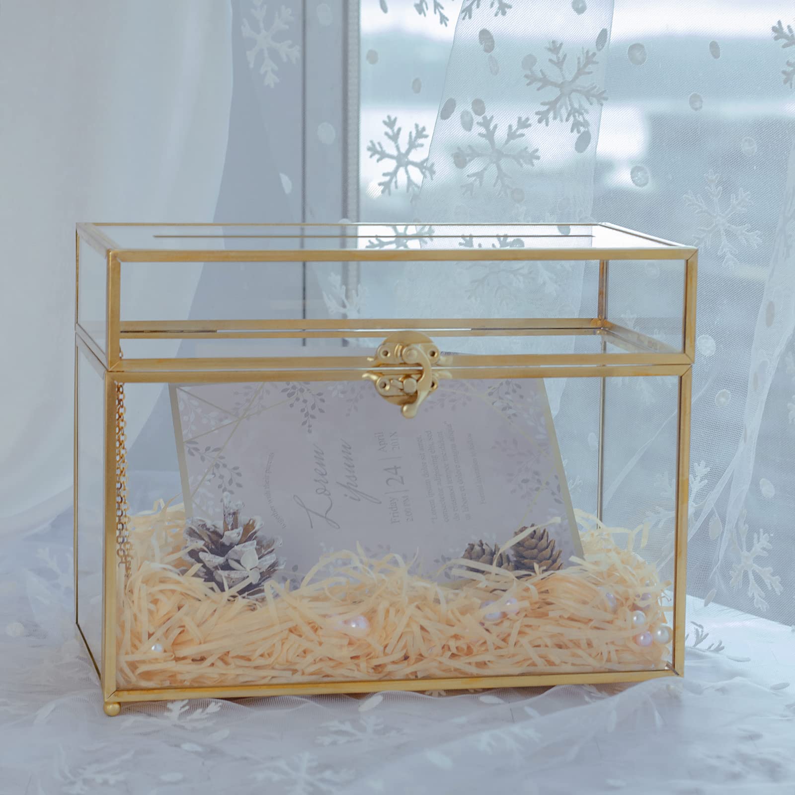 Elegant Glass Wedding Card Box with Slot - Large Clear Gift Card Holder in Gold Brass for Wedding Receptions, Birthday Parties & Bridal Showers | Perfect Greeting Card Organizer for Special Events & Celebrations